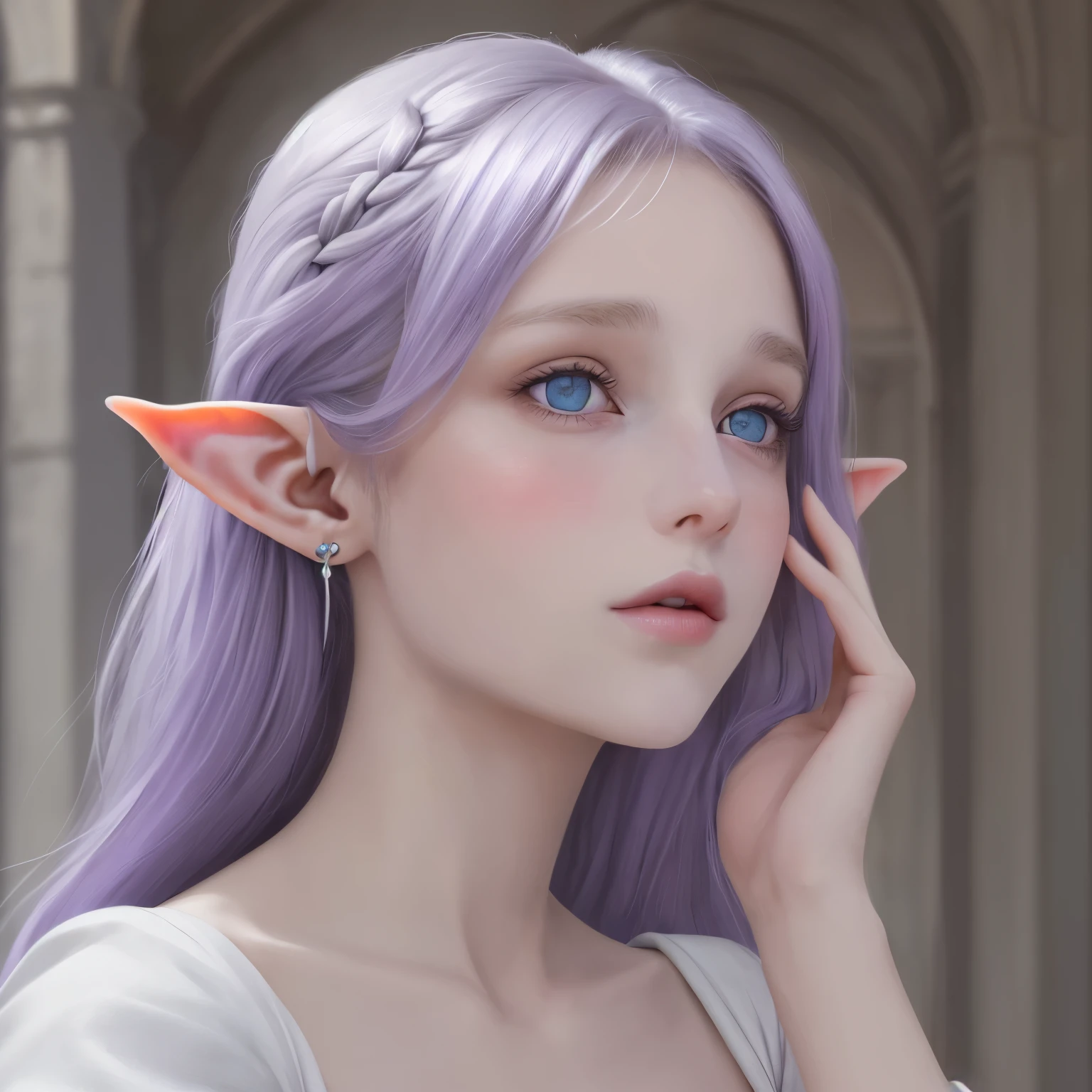 jeune fille, longs cheveux blancs et lisses, peau clair, yeux violet, oreilles d'elf