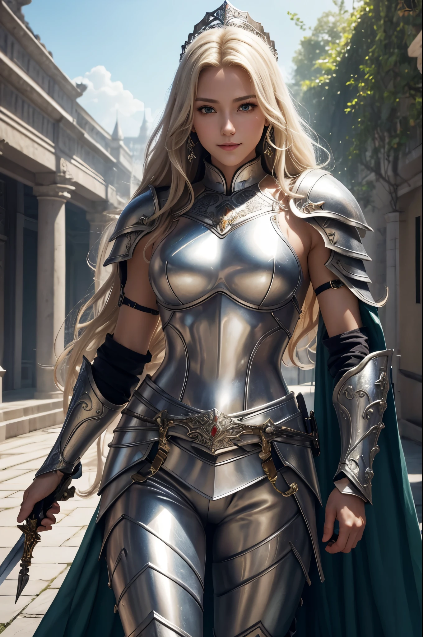 8K,Tall female court holy knight,Super beautiful(like the real thing),Blonde curly hair,smile,green eyes,gorgeous red and white chest armor,luxury white combat pants,muscular slim body,ripped abs,masterpiece,Photorealistic RAW photos of the highest quality。bright colors,rich colors, Backlight, cinematic lighting, film grain, to be born, 50MM lens, Nikon D850,realistic skin,fantasy art,character art,ultra high resolution,realistic scale skin,Perfect hand shape,view audience,royal palace courtyard,Equipped with a long, silver holy sword on his waist.,luxurious white shoulder armor,luxury white gauntlet,luxurious white waist armor,luxury white leg armor,