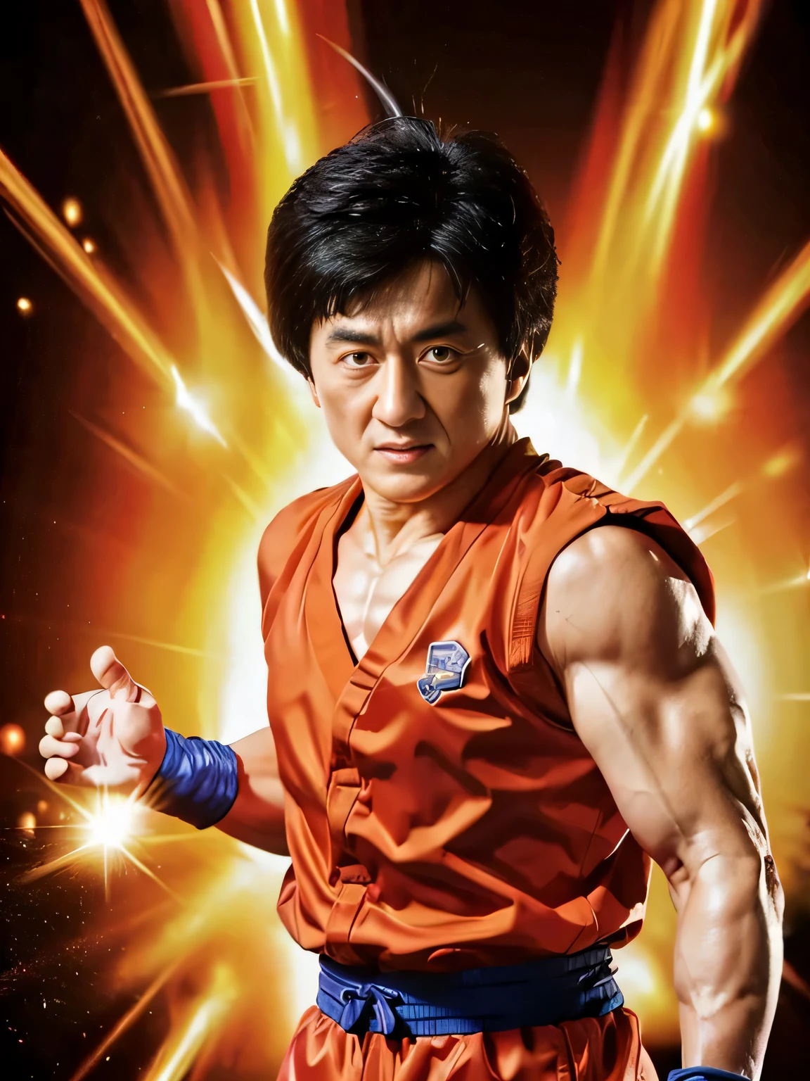 Chinese man, 65 year old, jackie chan, hyper realistic face, wearing a complete dragonballz outfit