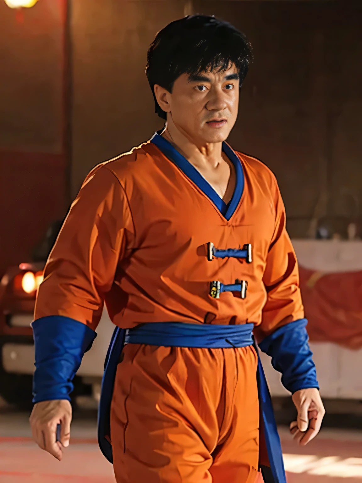 Chinese man, 55 year old, jackie chan, hyper realistic face, wearing a complete dragonballz outfit