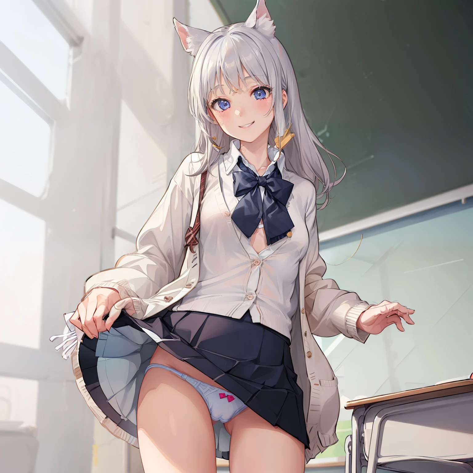 ((1 girl:1.5))、(smile:1.5)、small breasts、(cowboy shot)、(fun!!)、(white cardigan:1.5)、(dog ears)、(silver hair)、blush、(long hair)、(eye highlights:1.3)、blake black shoes,(黒いskirt:1.5)、bow, button, shirt with collar, long sleeve, ((red bow tie, ,, white shirt, チェック柄のskirt:1.5、white socks)),, shirt,, skirt, socks, thighs, white shirt, Rest indoors, ((classroom:1.5))、 BREAK while watching the audience、 (perfect hands, perfect anatomy),cowboy shot、(skirtlift:1.3),(highly detailed white panties:1.3)、(highly detailed panties:1.3)、、(skirt that rolls up:1.3)、(fully exposed panties:1.5)、light blue eyes