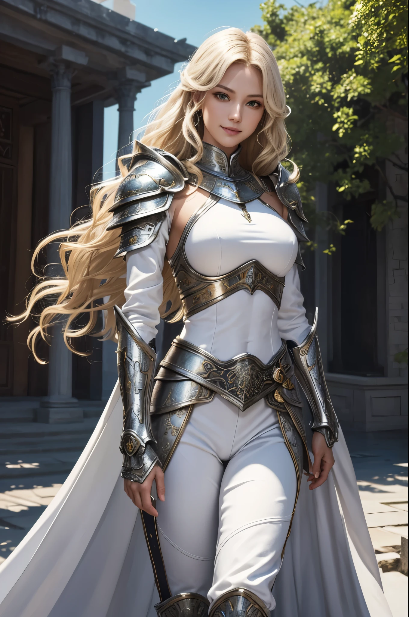 8K,Tall female court holy knight,Super beautiful(like the real thing),Blonde curly hair,smile,green eyes,gorgeous red and white chest armor,luxury white combat pants,muscular slim body,ripped abs,masterpiece,Photorealistic RAW photos of the highest quality。bright colors,rich colors, Backlight, cinematic lighting, film grain, to be born, 50MM lens, Nikon D850,realistic skin,fantasy art,character art,ultra high resolution,realistic scale skin,Perfect hand shape,view audience,royal palace courtyard,Equipped with a long, silver holy sword on his waist.,luxurious white shoulder armor,luxury white gauntlet,luxurious white waist armor,luxury white leg armor,