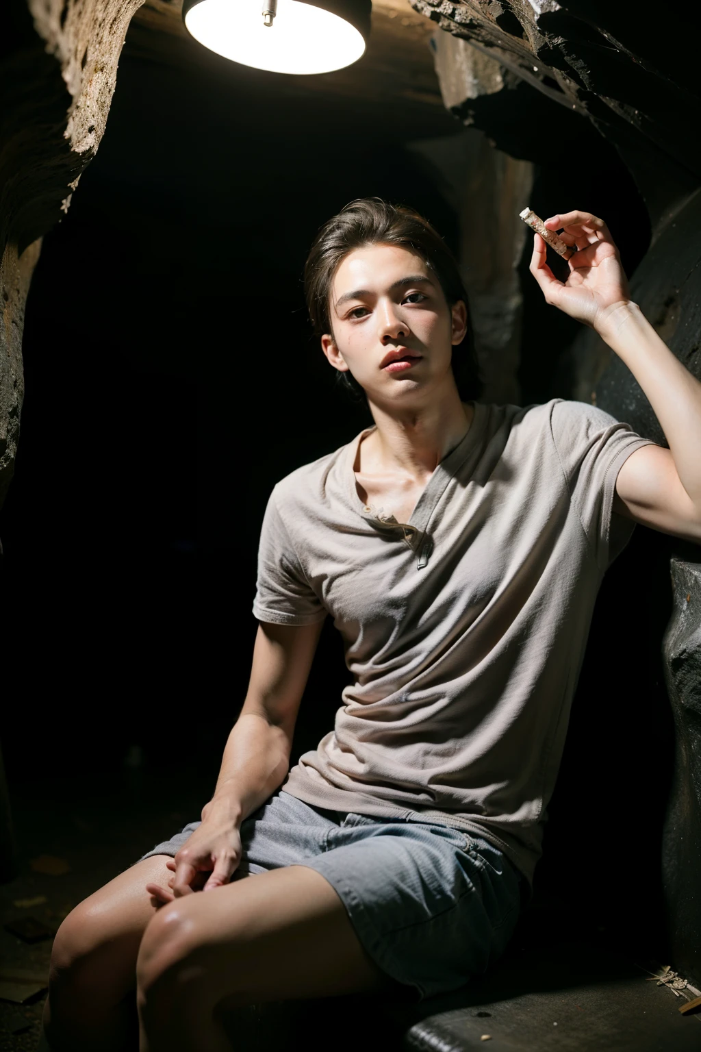 Surrealism, high detail, movie lighting, Ray tracing, perspective, Shoot at eye level, ultra high definition, masterpiece, textured skin, 4K, best quality,The boy holds the medicine stick in his hand,Sitting in a dark cave pounding medicine,The boy wears gray coarse cloth
