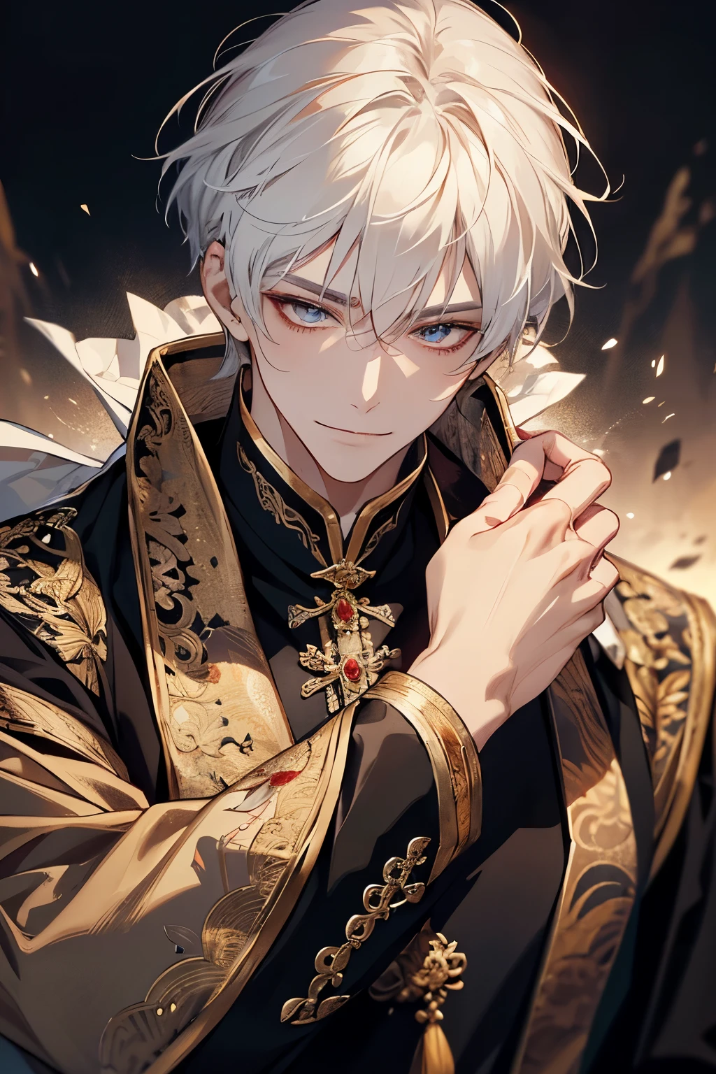 1 male, calm, aldult, Handsome, Short messy bangs, white hair, （golden eyes），Exquisite facial features details，Delicate eyes, royalties, prince, Wearing black Chinese style clothing, Chinese classical palace, aldult face, ，close up, Indifferent smile，Light smile