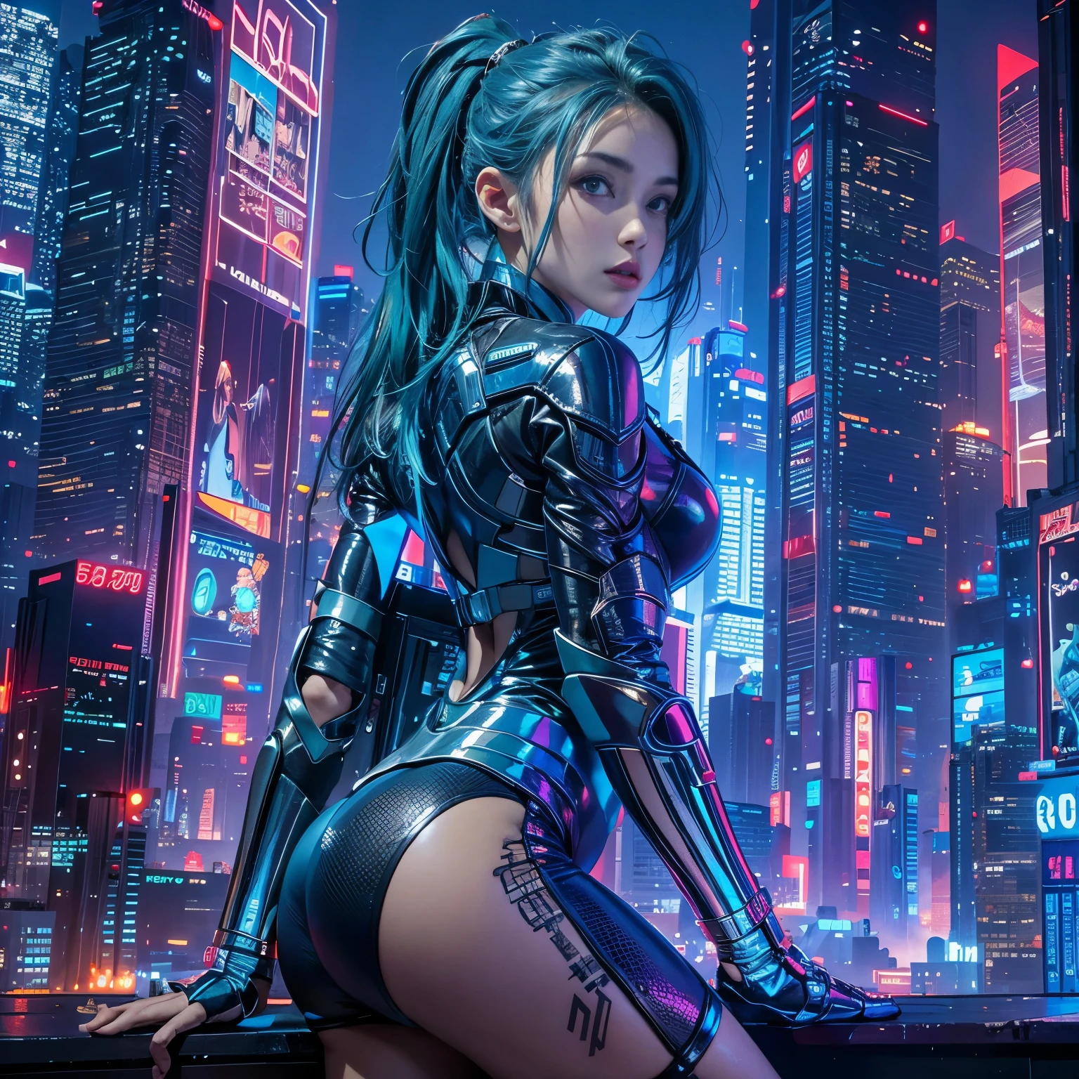 (8K, Best quality, Masterpiece: 1, 2), (Realistic, photograph realistic: 1,37), Top quality, Masterpiece, Skinny 1 girl Negona upper body photo (Photo realistic),A cyberpunk girl with green eyes and shiny blue hair stands against a backdrop of a futuristic cityscape. She wears a sleek, metallic blue bodysuit that shimmers under the neon lights. The city behind her is a blend of towering skyscrapers and neon signs, pulsating with vibrant colors