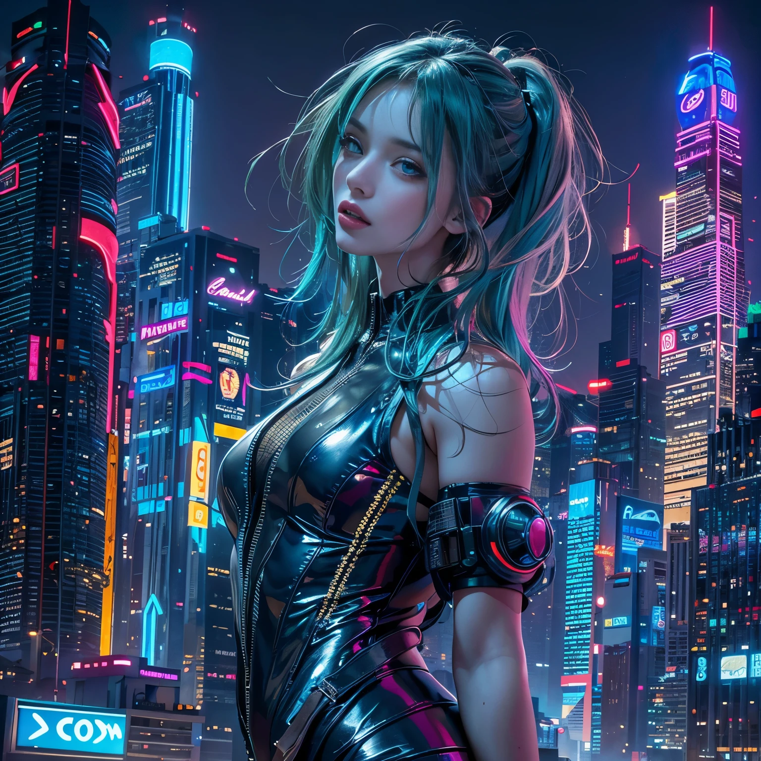 (8K, Best quality, Masterpiece: 1, 2), (Realistic, photograph realistic: 1,37), Top quality, Masterpiece, Skinny 1 girl Negona upper body photo (Photo realistic),A cyberpunk girl with green eyes and shiny blue hair stands against a backdrop of a futuristic cityscape. She wears a sleek, metallic blue bodysuit that shimmers under the neon lights. The city behind her is a blend of towering skyscrapers and neon signs, pulsating with vibrant colors