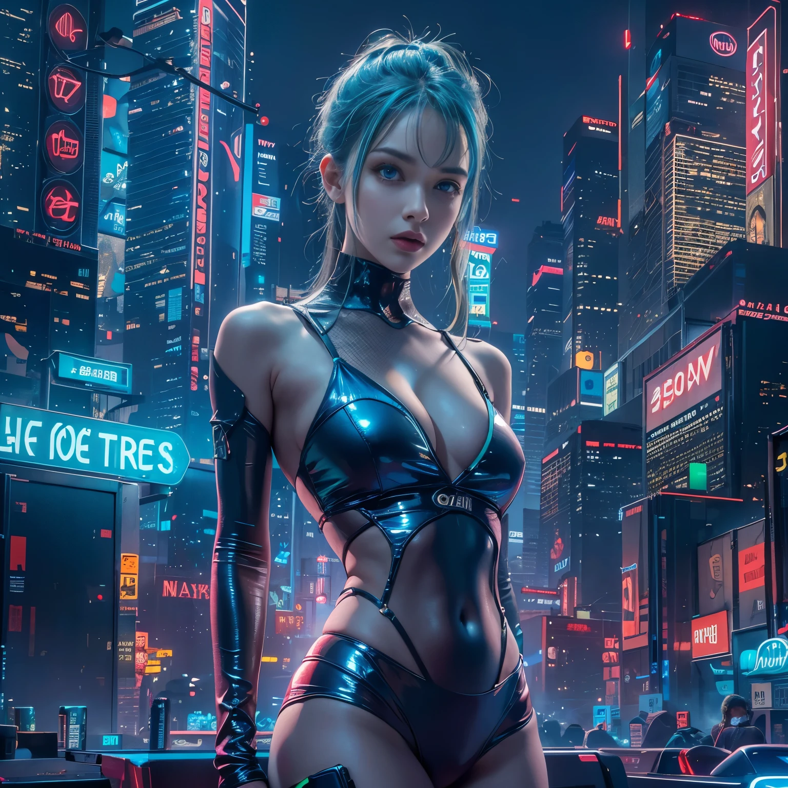 (8K, Best quality, Masterpiece: 1, 2), (Realistic, photograph realistic: 1,37), Top quality, Masterpiece, Skinny 1 girl Negona upper body photo (Photo realistic),A cyberpunk girl with green eyes and shiny blue hair stands against a backdrop of a futuristic cityscape. She wears a sleek, metallic blue bodysuit that shimmers under the neon lights. The city behind her is a blend of towering skyscrapers and neon signs, pulsating with vibrant colors