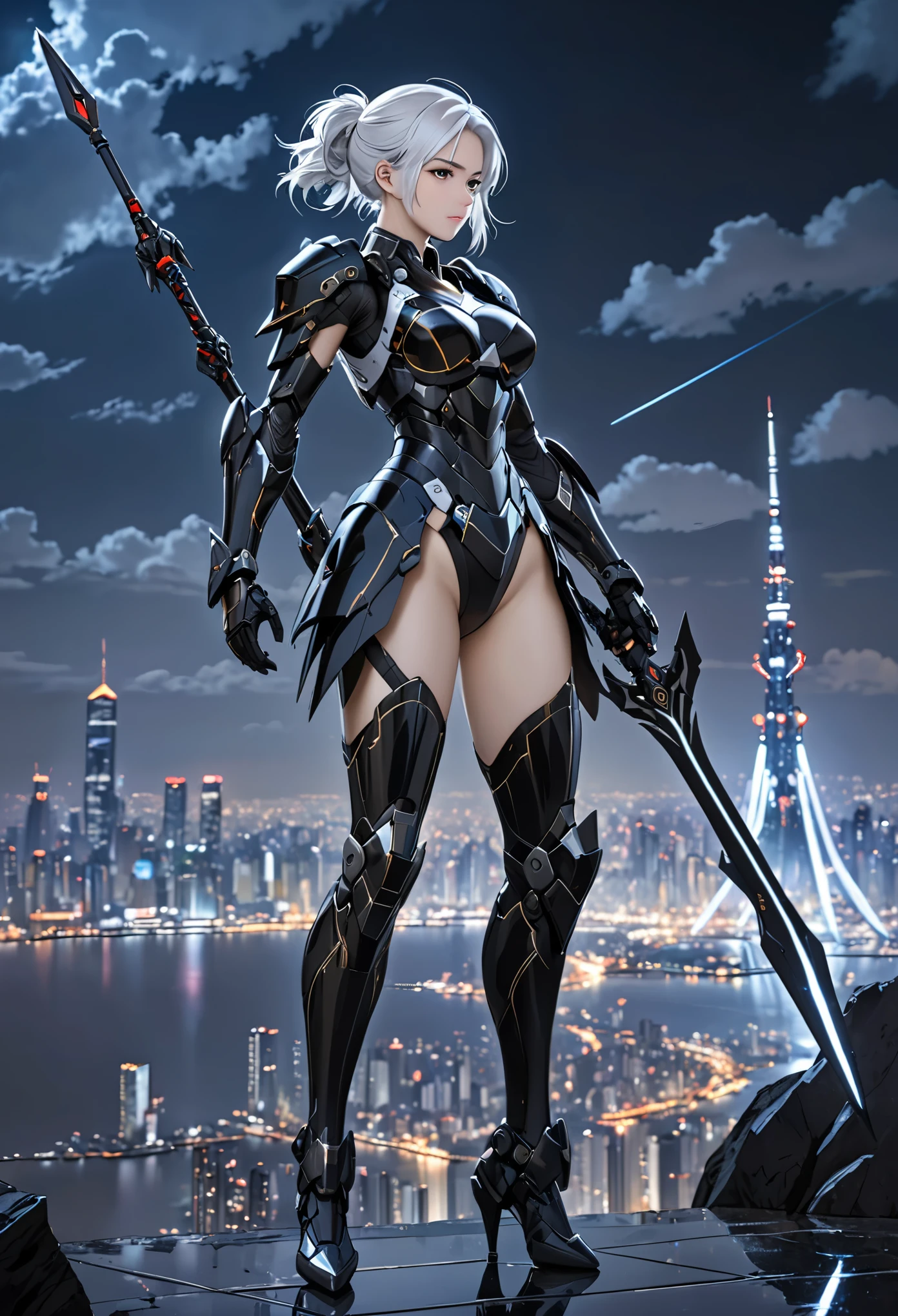 (masterpiece, super quality), dramatic, night skyline background, black marble armor, monkey theme, epic spear, Mecha, 1 girl, pretty face,white hair, side view, high quality, full-body shot