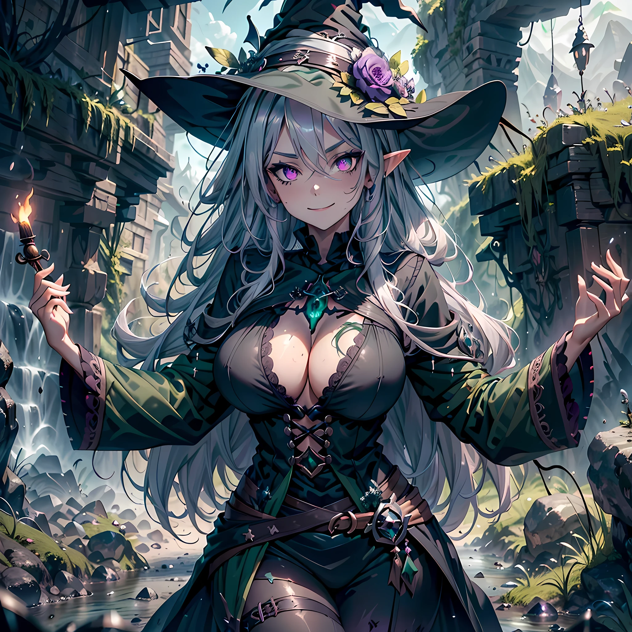 (masterpiece), best quality, expressive eyes, perfect face,dark elf,pointy ears,(((1girl))),(silver hair:1.4)),long hair,curly hair,((hair flower:1.1)),(witch doctor:1.4),purple eyes,big breasts,cleavage,(dark green and black clothes:1.5),curvy,standing, head tilt,hand reaching out,evil smile,fantasy background,rock formations,graves,skeletons,(underground cave),looking at the viewer,cowboy shot,(particles:0.9)