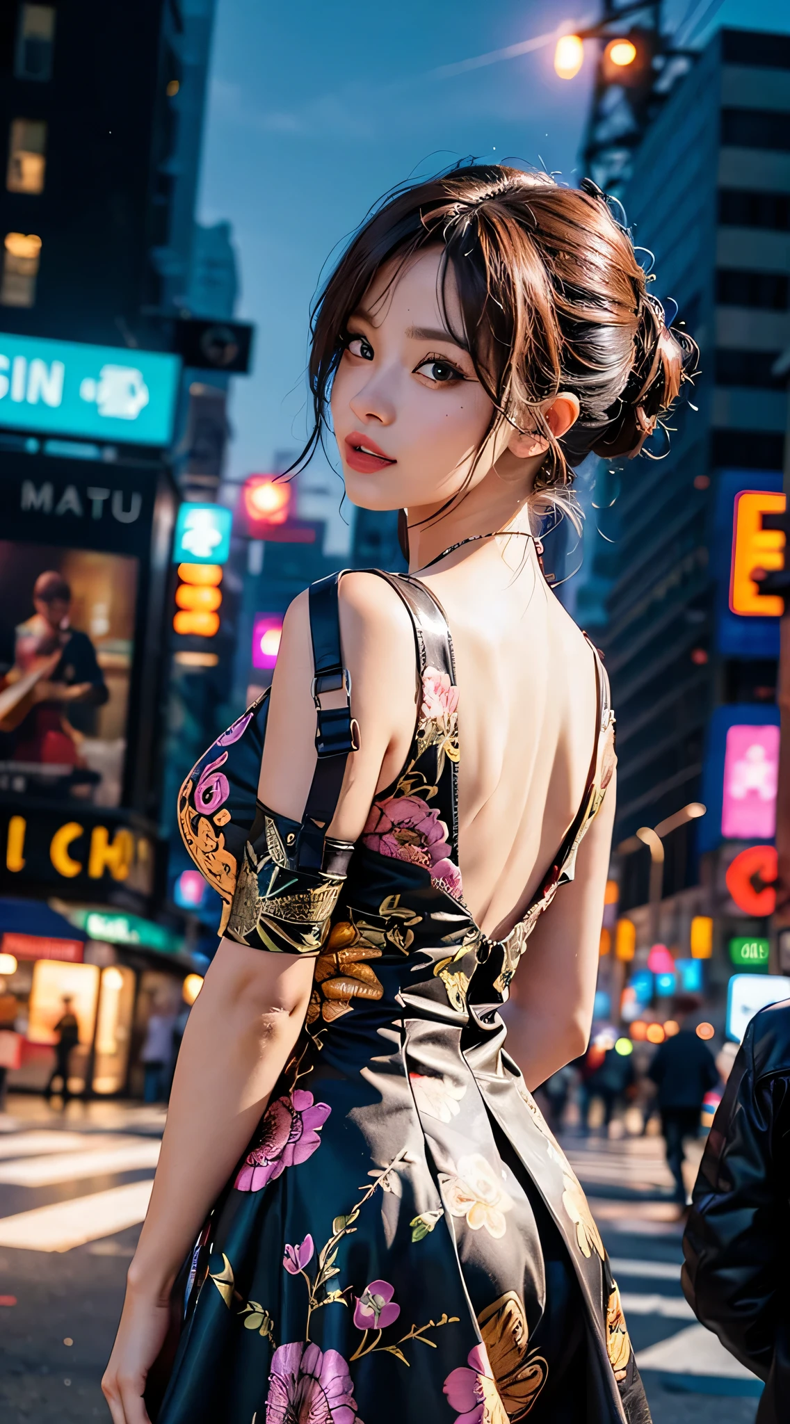 Some girls take selfies at food festivals, street, cyberpunk, city night, absurdres, highres, (ultra-detailed background, detailed back ground), extremly detailed, artist style, (Fashion:1.2), (zentangle:1.3), material effects, upper body, galaxy multicolored hair in new york city at night with orange fog, cybercity, professional lighting, photon mapping, radiocity, physically-based rendering, dress flowers vintage