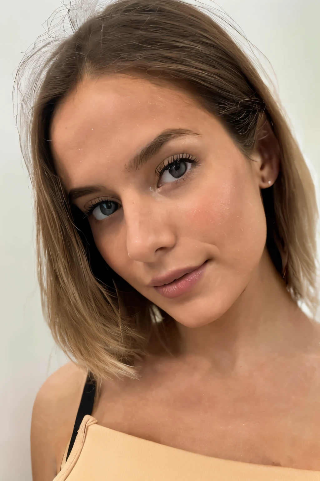 1gril, ((Chef-oeuvre, better quality, high definition)),corps entier, ultra high definition, (photorealistic: 1.4), seulement, Une belle fille, A bottomless European model, 20 ans, corps entier, elegant clothing, grand sourire, beau visage, maquillage naturel,  brune, Cheveux courts bob, photographie, photo iphone, Realistic, superior quality, Delicate face, Low diffuse light, peau naturelle, 8K UHD, high quality, grain filmique, iPhone, Photo RAW séquencée, doigt mordant, Detailed face, slightly blurred detailed backgrounds, Hdr, photo realistic, Photo professionnelle, flirter avec le spectateur, Fotorrealista.