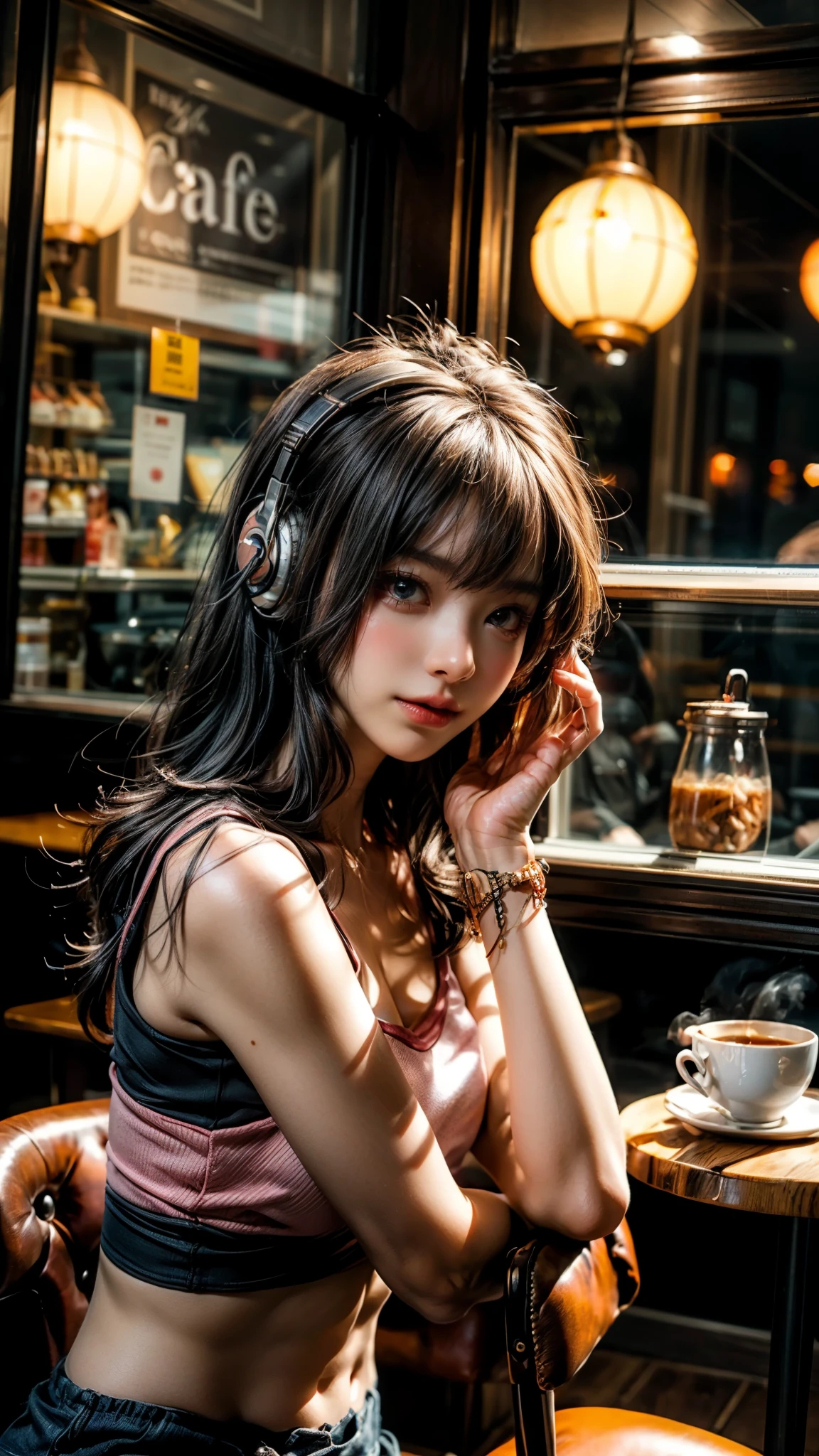 An Arafede woman wearing headphones at a cafe, expression of joy,fleeting woman,Nightcore, with headphones, Kantai Collection Style, soft lighting, with headphones, sportswear, anime moe art style,reading,((they are very focused:1.5)),,slim body shape,highly detailed eyes and face、beautiful and fine eyes,beautiful skin,small details、smooth haine hair,very thin hair,cool makeup,low eyebrows、Whitening effect,Thin eyebrows and thin eyebrow-like skin,(Cafe),((Reading at the cafe)),sitting on a chair