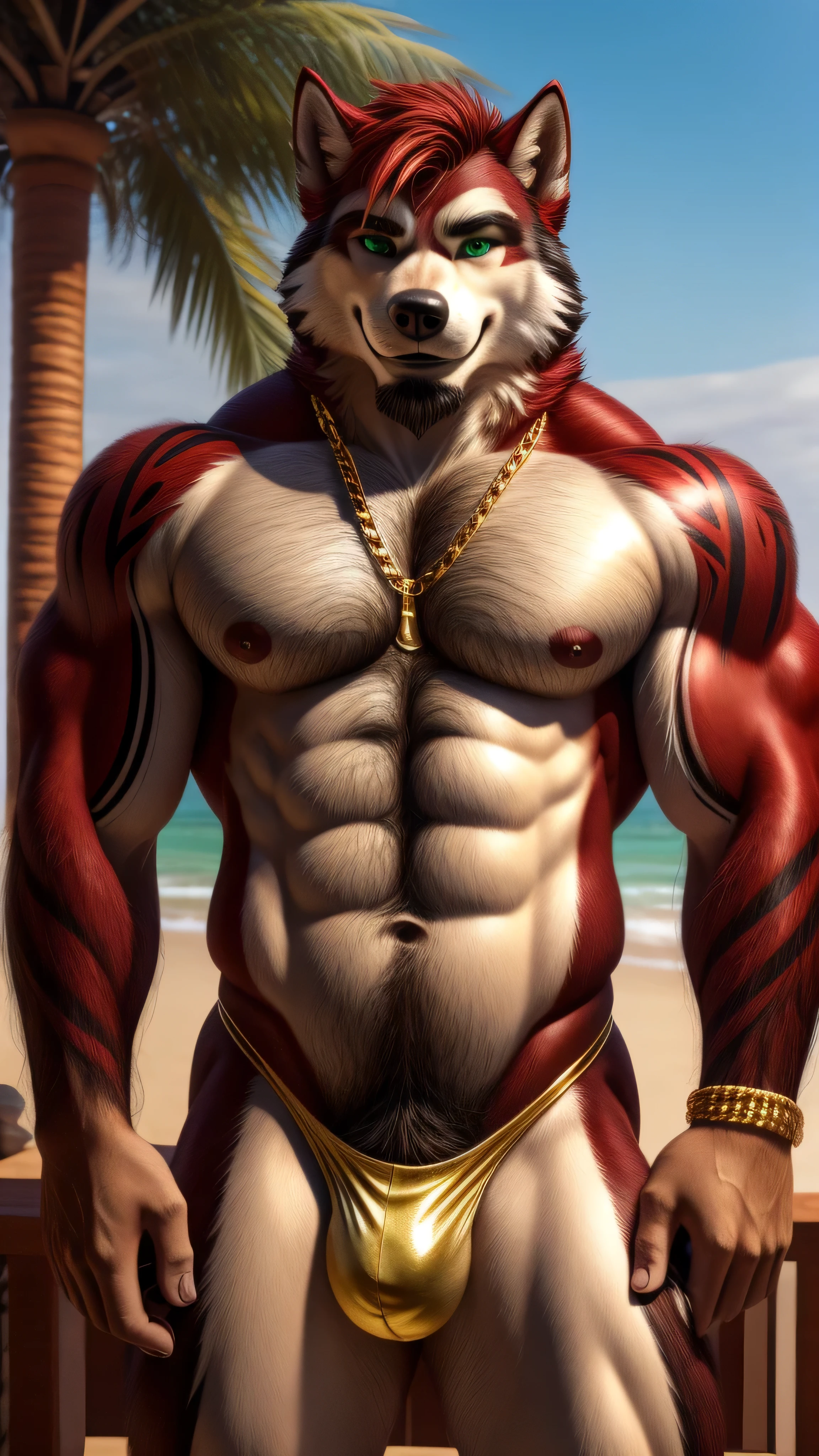 Furry Alaskan Malamute male muscular tattoos all over his body Alone hot pose posing for the camera endowed with male pubic hair hairy gold thong very sexy and tight 33 year old Spanish man red hair gold chain outdoors in a random place in Brazil looking for the viewer sensual smile gay porn actor from xvideos green eyes morning background