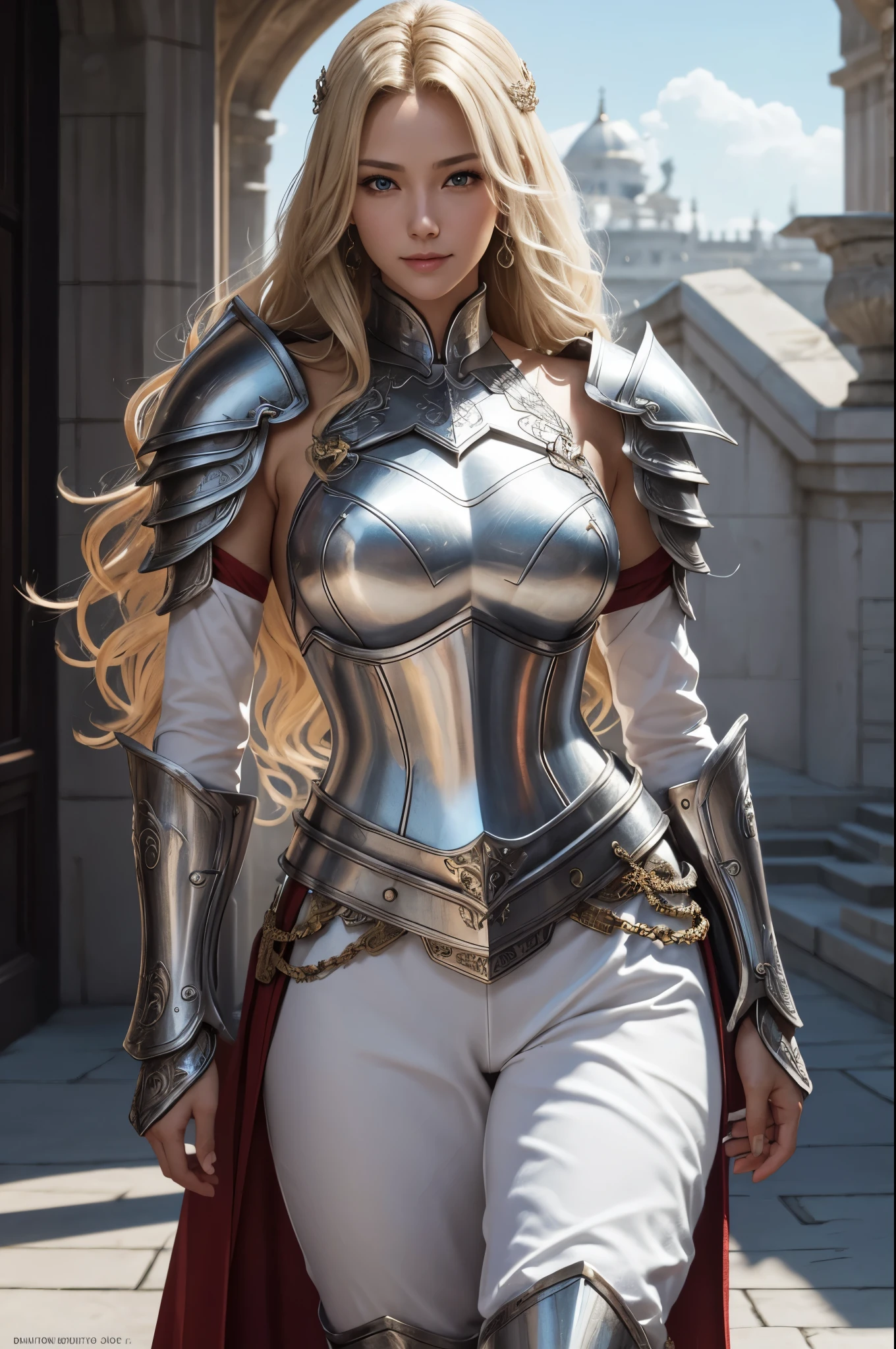 8K,Tall female court holy knight,Super beautiful(like the real thing),Blonde curly hair,smile,green eyes,豪華な赤と白のsexyな胸鎧,luxury white combat pants,muscular slim body,ripped abs,sexy,masterpiece,Photorealistic RAW photos of the highest quality。bright colors,rich colors, Backlight, cinematic lighting, film grain, to be born, 50MM lens, Nikon D850,realistic skin,fantasy art,character art,ultra high resolution,realistic scale skin,Perfect hand shape,view audience,royal palace courtyard,Equipped with a long, silver holy sword on his waist.,luxurious white shoulder armor,luxury white gauntlet,luxurious white waist armor,luxury white leg armor,