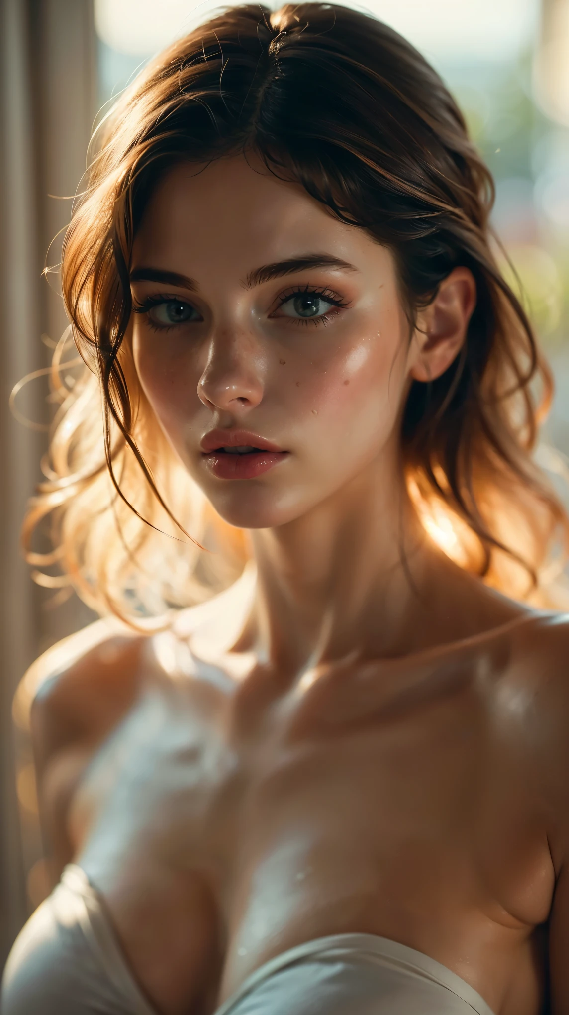 (((ultra realistic))) Photo, masterpiece, top quality, (pale skin), (Ultra detailed face and eyes:1.3), 1 girl, Adult, in a T-shirt, (Eye makeup, mascara) , ((large detailed lips)), ((ash wavy hair)), ((Chyolka)) , (Natural breasts), Slim waist. ((Posing)), photoshoot, studio (soft lighting), (The play of light and shadows), depth of field, bokeh, (special attention to skin detail: 1.2), Detailed leather texture, skin pores. (Airy atmosphere of the frame. Color range - delicate, Bright, white, Pink tones), UDR, ((Film grain)), ((rays)), ((glare of the sun)), ((waist up portrait, close to the camera)) , ultra detialed,