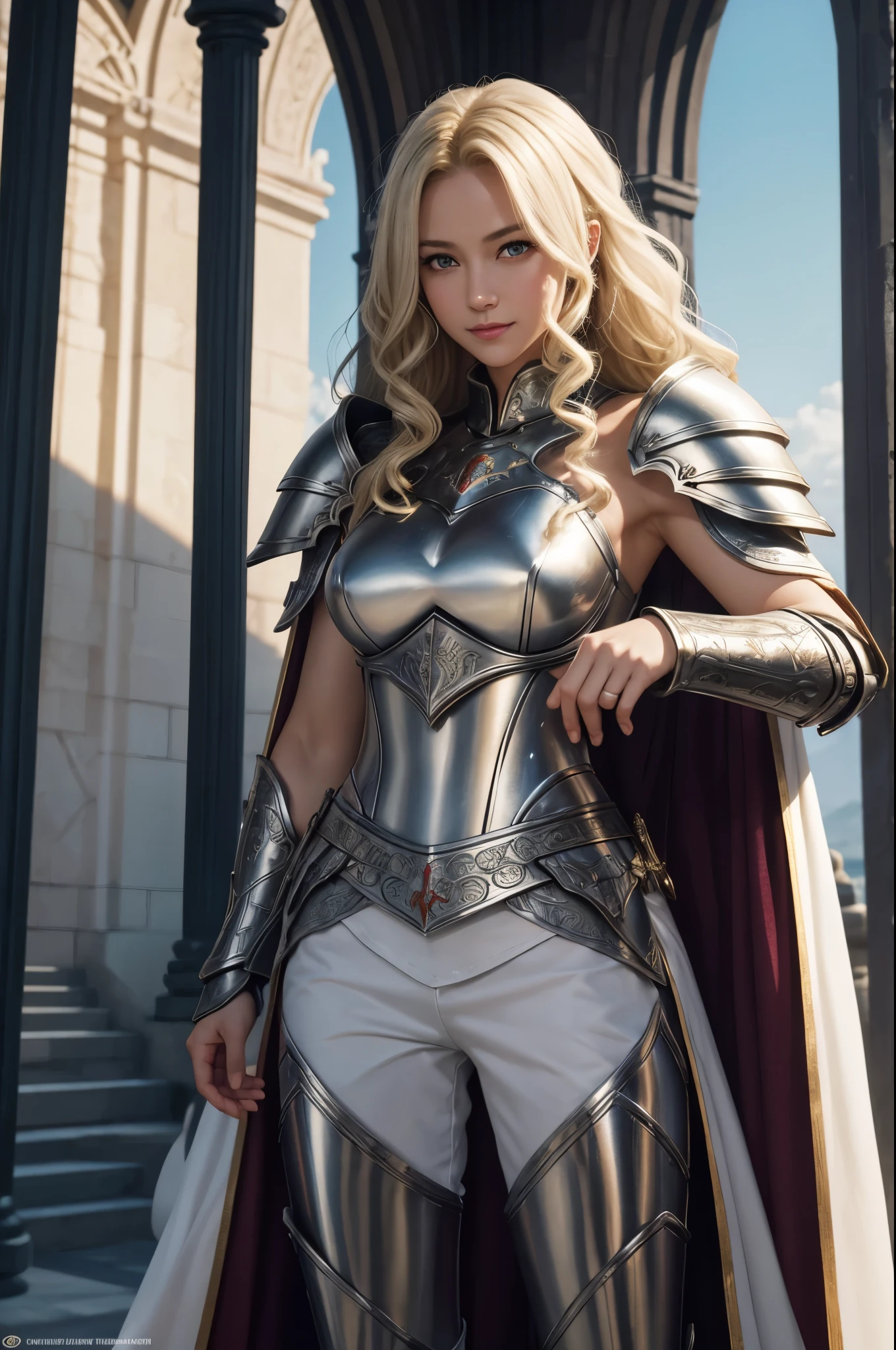8K,Tall female court holy knight,Super beautiful(like the real thing),Blonde curly hair,smile,green eyes,豪華な赤と白のsexyな胸鎧,luxury white combat pants,muscular slim body,ripped abs,sexy,masterpiece,Photorealistic RAW photos of the highest quality。bright colors,rich colors, Backlight, cinematic lighting, film grain, to be born, 50MM lens, Nikon D850,realistic skin,fantasy art,character art,ultra high resolution,realistic scale skin,Perfect hand shape,view audience,royal palace courtyard,Equipped with a long, silver holy sword on his waist.,luxurious white shoulder armor,luxury white gauntlet,luxurious white waist armor,luxury white leg armor,