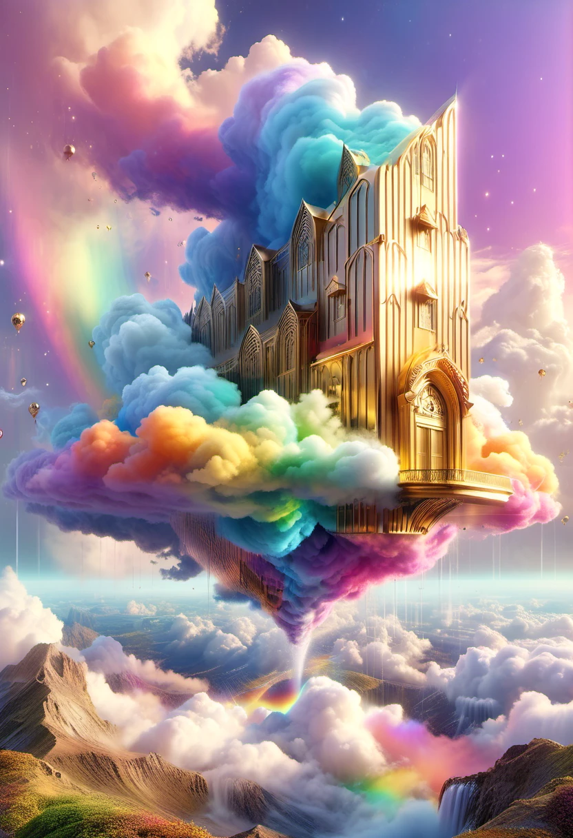 Rainbow colored clouds in pastel colors、A golden building above the clouds