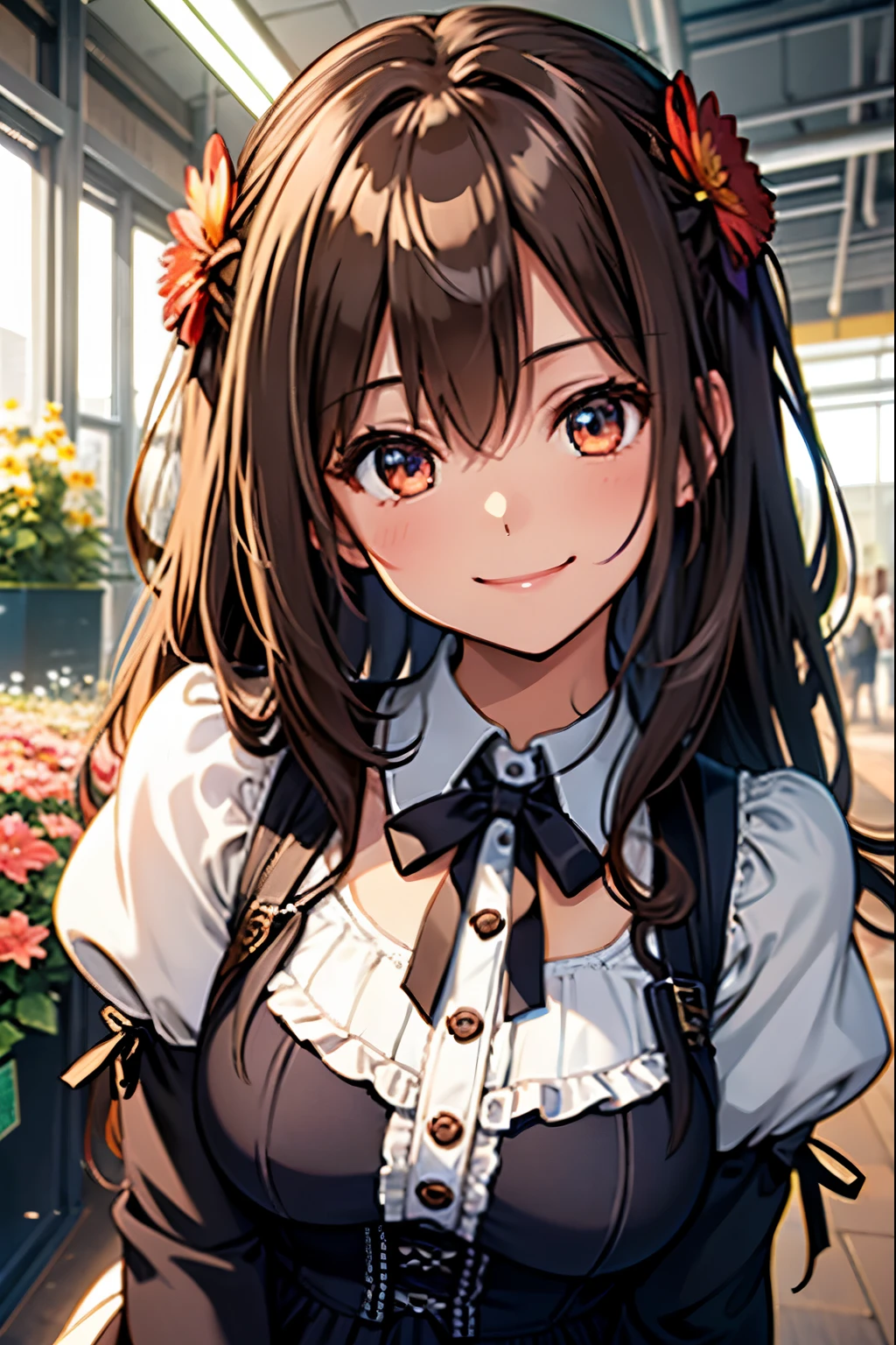 (best quality,high-resolution,ultra-detailed),cute girl,high school student,brown long hair,(ta mini dress that shows the chest),smiling face with a smile,flower hair accessory,flower field.