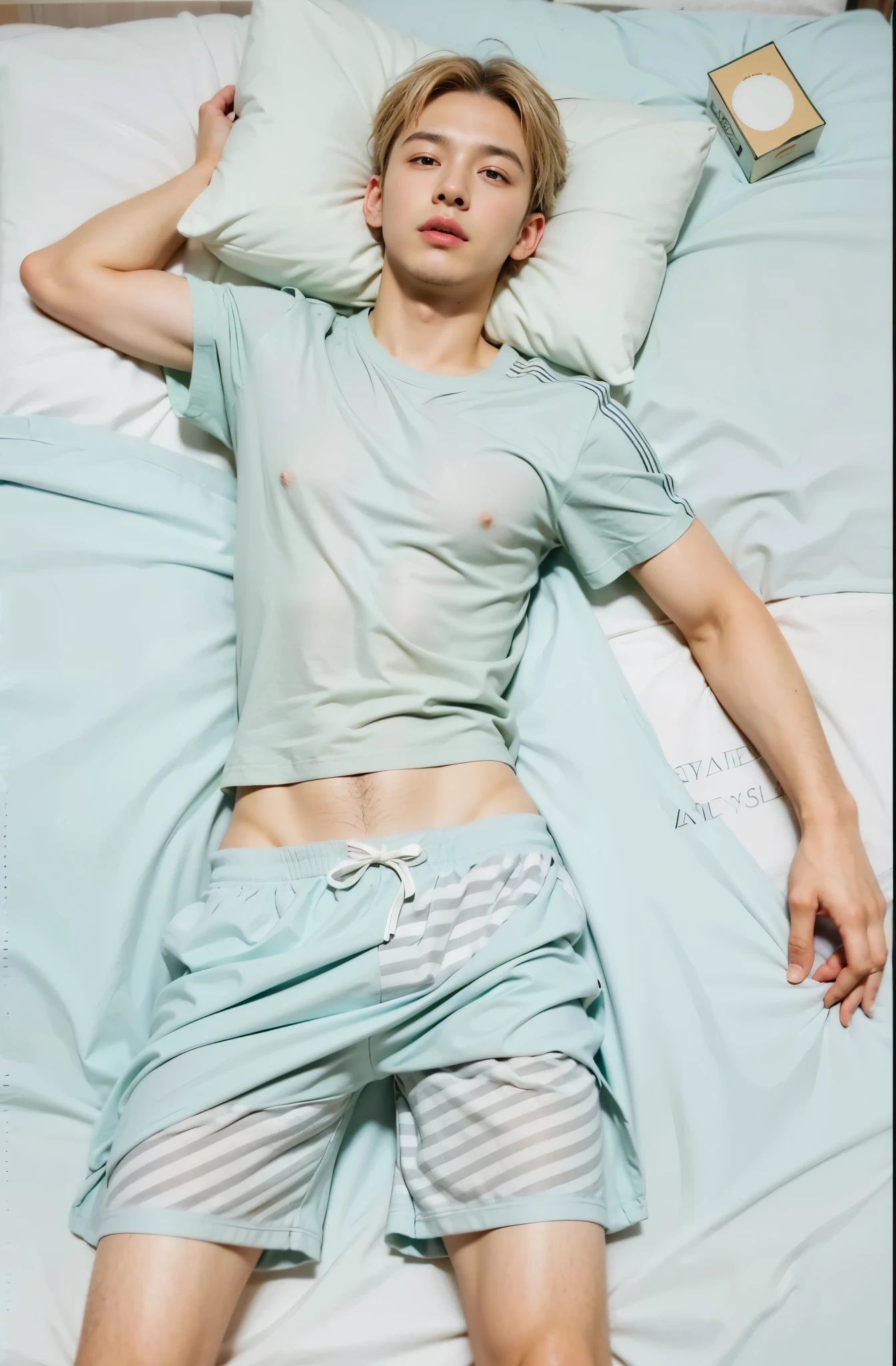 Man lying on bed his shirt up and his belly button visible 