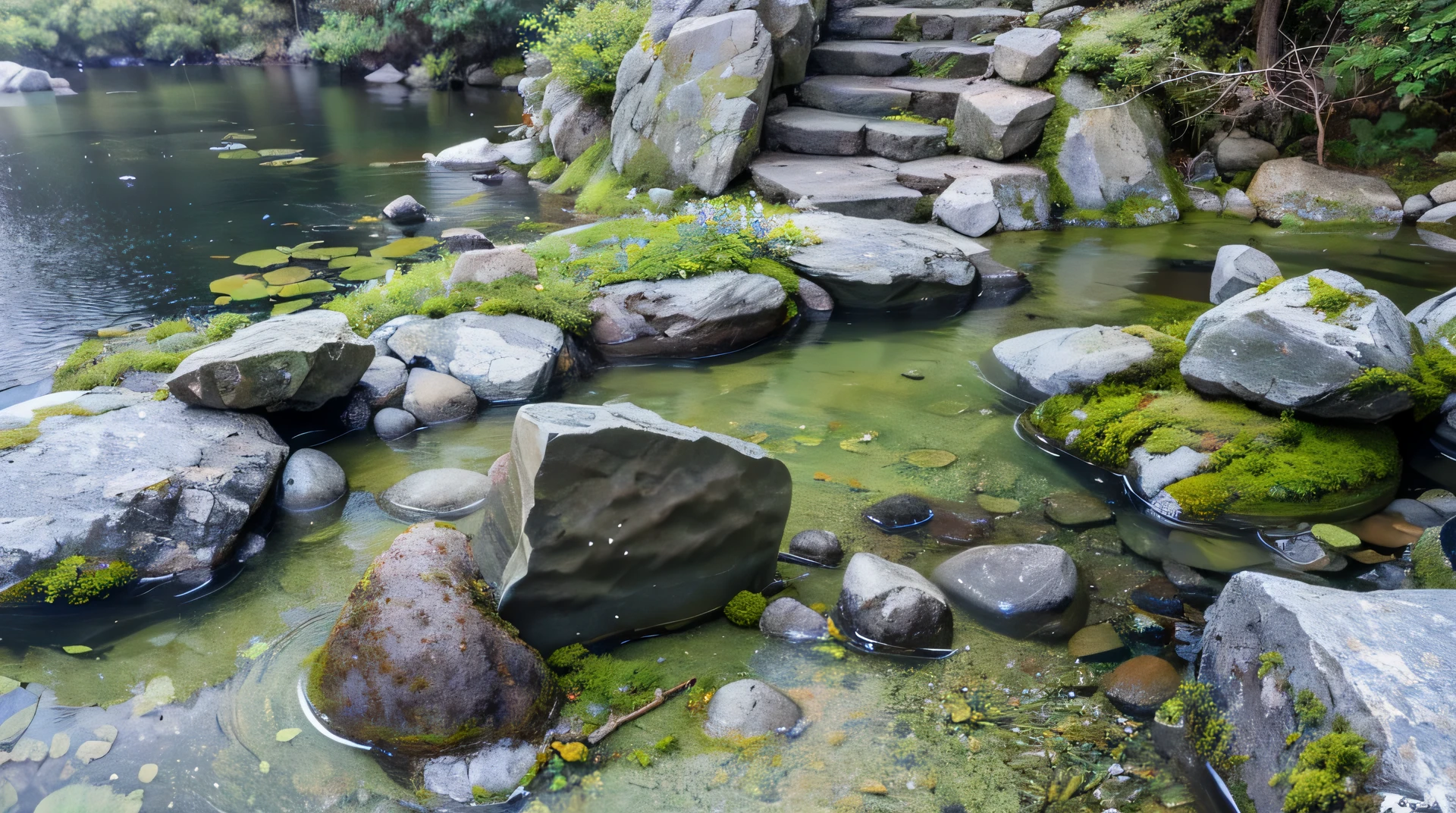 Rocks and moss grow on the banks of the river.., step, river with low hanging plants,Stagnant water, Inspired by Koshiro Onchi, Works inspired by Sesshu Toyo, zen natural background, pond of water, Flow of reality, pumice