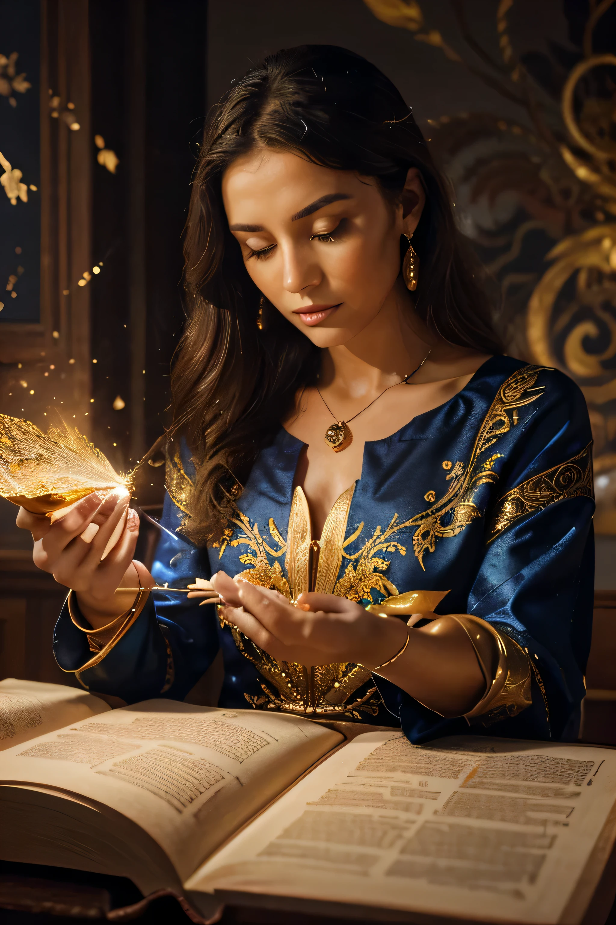 In a fascinatingly bright gouache painting, the artfully crafted scene depicts a mesmerizing spell of assiduous magic. Against a background of unearthly shades, Wizard, dressed in luxurious clothes, fervently repeats ancient words. The image exudes a palpable aura of strength and devotion..., with spell books, decorated with gold symbols and finely scattered shimmering crystals.... Each brush stroke flawlessly conveys the intensity of the spell......, immersing the viewer in the ardent passion and indomitable energy of the sorcerer.
information
