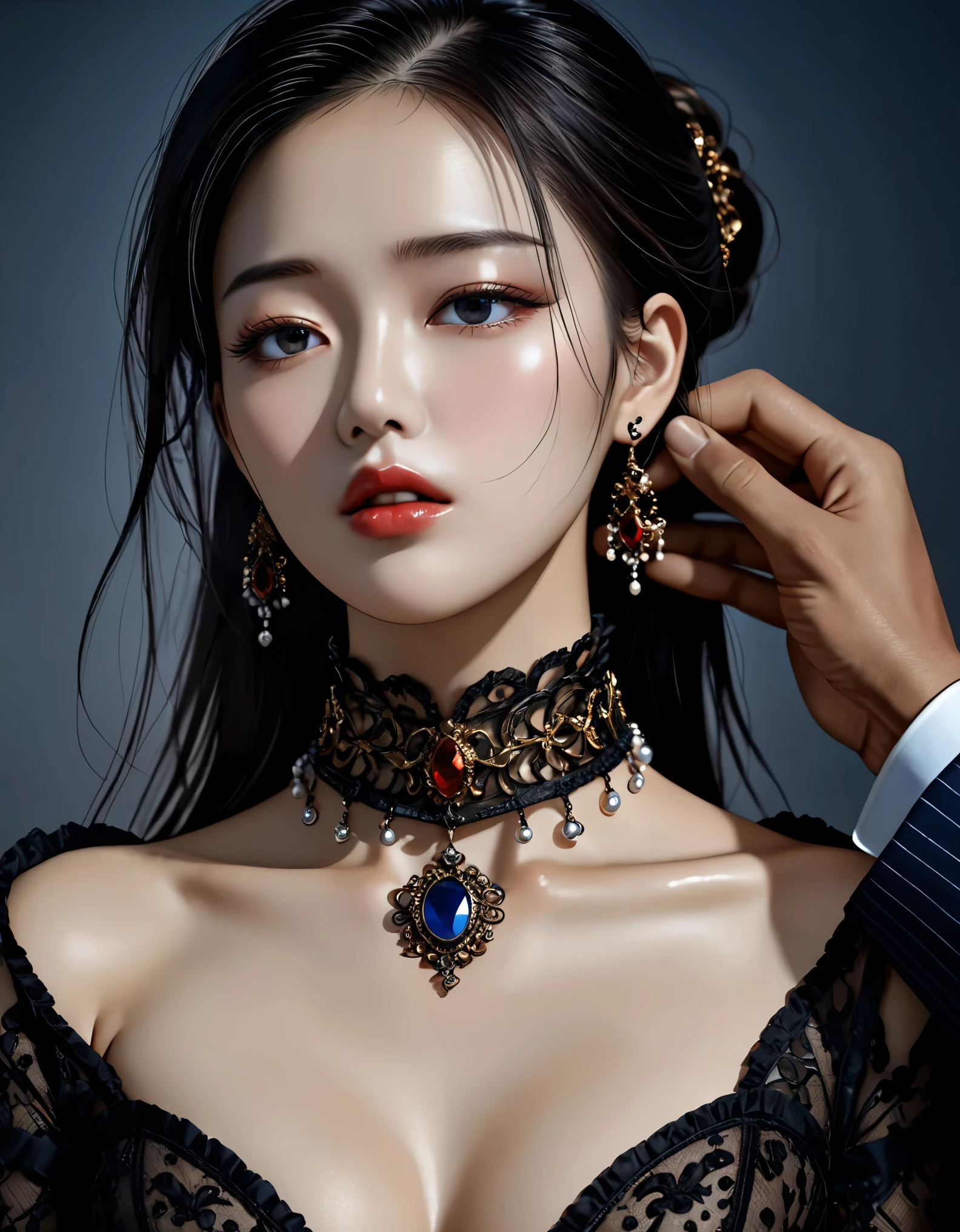 Gorgeously dressed（（asian slut））and((strong male host)), condescending attitude, Fixing a neck ring for a slut, An exquisite iron ring symbolizing slave status, Put the collar around the slut's neck, sharp eyes, Arrogant look, Slut&#39;s humble actions, Conceptual art, high detail, Romanticism, Baroque, Realism, Dadaism, UHD, anatomically correct, masterpiece, textured skin, high quality, best quality
