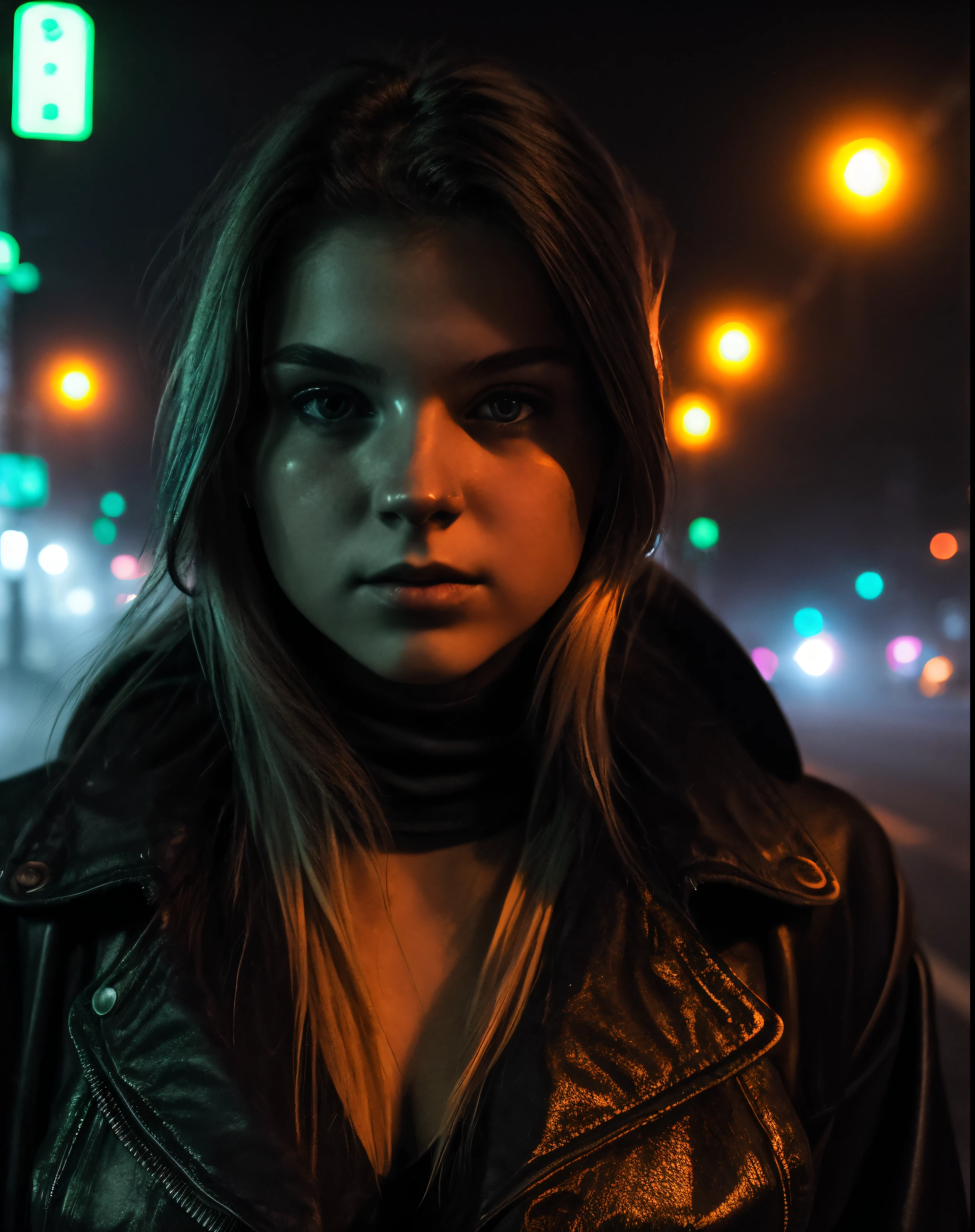 city street, neon, Fog, volume, close-up portrait photo of a young woman in dark clothes,