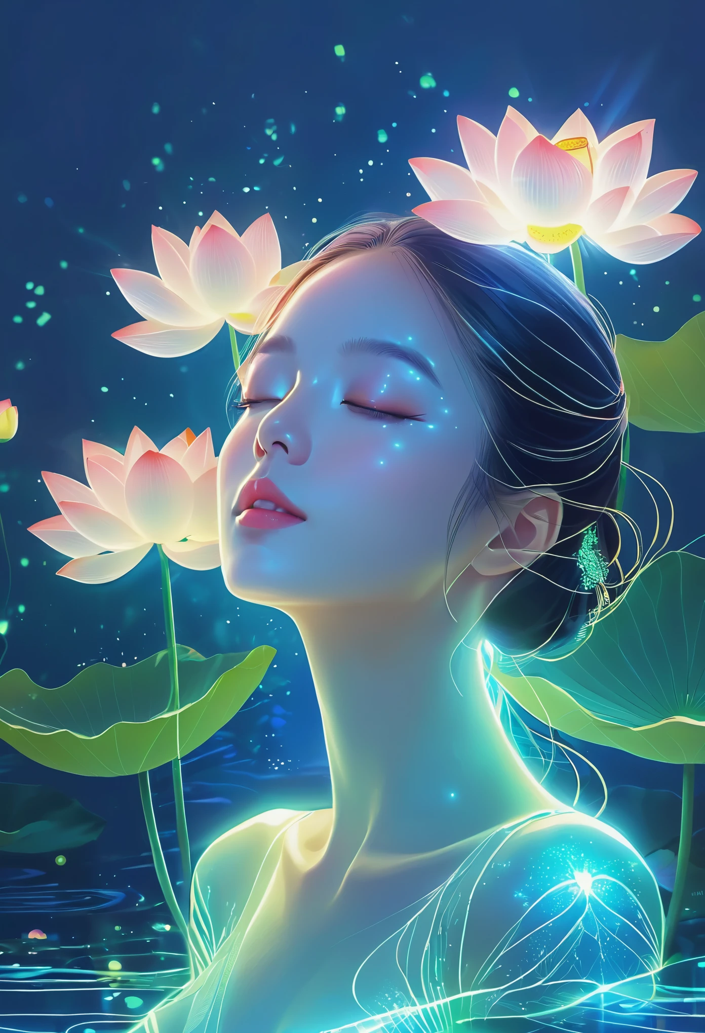 (masterpiece, best quality:1.2), In digital art style, charming illustration,peaceful picture，1 girl, beautiful eyes，tall lotus，alone，body glow，Glowing lines，fluorescence,glow example，Example tracking，flash，萤light particles，Backlight，Translucent，light particles，Correct human anatomy，