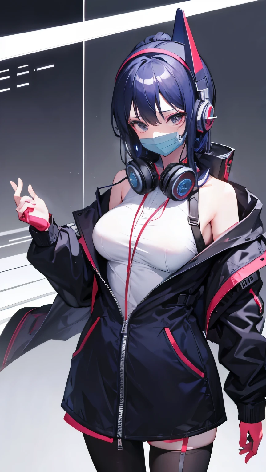 mask women with headphone and Professional Condenser Microphone loocking at camera wearing office outfint blank backgroung