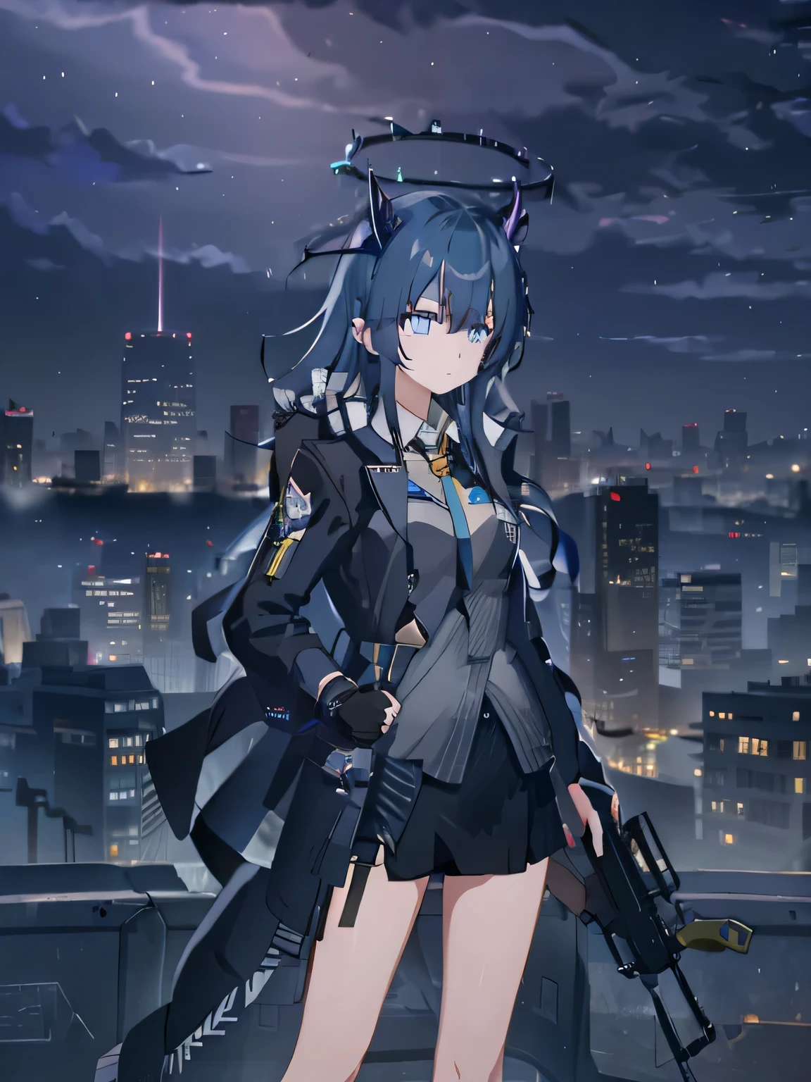 1 girl,  very clear, nervous, , watch, transport station, dark rainy day, Serious eyes, Black halo with sky blue stripes, Serious, keen vision, dissatisfied, Holding August assault rifle, City skyline, aug assault rifle with blizzard texture, tall girl, transport, train station, Serious, dark rainy day, diasobrio, rain, collision,  standing posture, Purpose