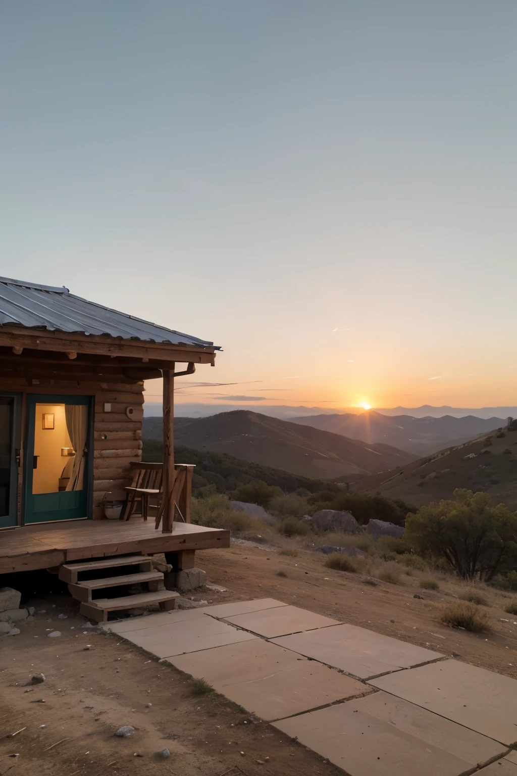 ((Mejor calidad)), ((obra maestra)), (detallado) cabin in the middle of the mountain with mountains and sunset in the background