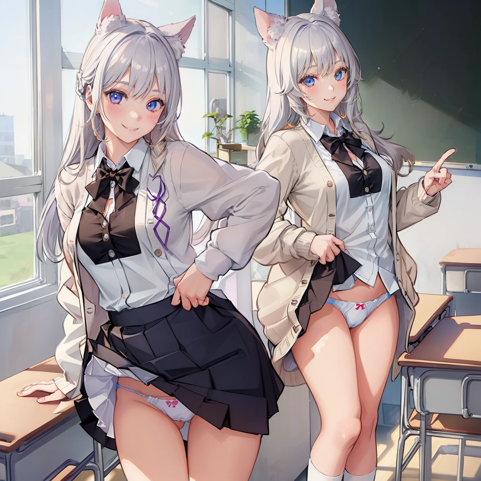 ((1 girl:1.5))、(smile:1.5)、、（cowboy shot）、(fun!!)、(white cardigan:1.5)、(dog ears)、(silver hair)、blush、(long hair)、(eye highlights:1.3)、blake black shoes,(黒いskirt:1.5)、bow, button, shirt with collar, long sleeve,  ((red bow tie, ,, white shirt, チェック柄のskirt:1.5、white socks)),, shirt,, skirt, socks, thighs, white shirt, Rest indoors, ((classroom:1.5))、 BREAK while watching the audience、 (perfect hands, perfect anatomy),cowboy shot、(skirtlift:1.3),(highly detailed white panties:1.3)、(highly detailed panties:1.3)、、(skirt that rolls up:1.3)、(fully exposed panties:1.5)、light blue eyes