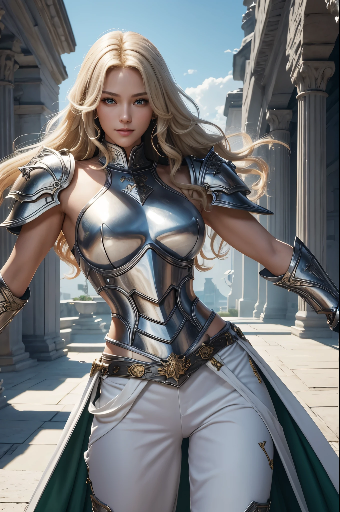 8K,Tall female court holy knight,Super beautiful(like the real thing),Blonde curly hair,smile,green eyes,豪華な赤と白のsexyな胸鎧,luxury white combat pants,muscular slim body,ripped abs,sexy,masterpiece,Photorealistic RAW photos of the highest quality。bright colors,rich colors, Backlight, cinematic lighting, film grain, to be born, 50MM lens, Nikon D850,realistic skin,fantasy art,character art,ultra high resolution,realistic scale skin,Perfect hand shape,view audience,royal palace courtyard,Equipped with a long, silver holy sword on his waist.,luxurious white shoulder armor,luxury white gauntlet,luxurious white waist armor,luxury white leg armor,Dynamic action scenes,fighting pose,