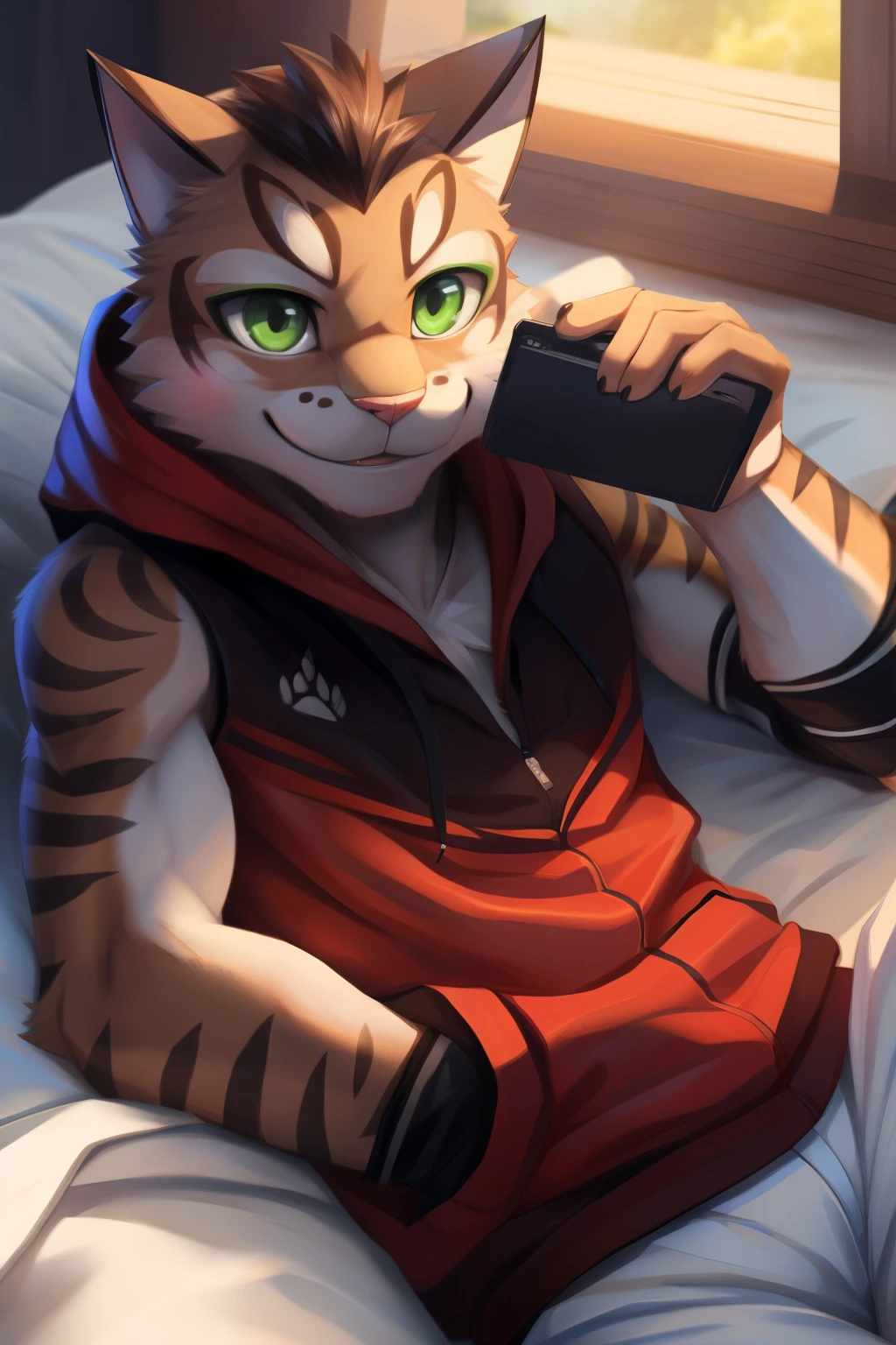 8K, Best Quality, Masterpiece, Ultra High Resolution, yan shu chi, green eyes, tail, (pose:1.3), (posing:1.3), (soft shading), hi res, five fingers, detailed hands, ((detailed face, (detailed eyes:1.0), detailed)) furry, anthro, cat, solo, smile, 1boy, male focus, sleeveless, hood, hoodie, white shorts, sleeveless hoodie, elbow pads on left arm, green eyes, (cat paws, sharp nail), blush, lying on his bed, playing phone