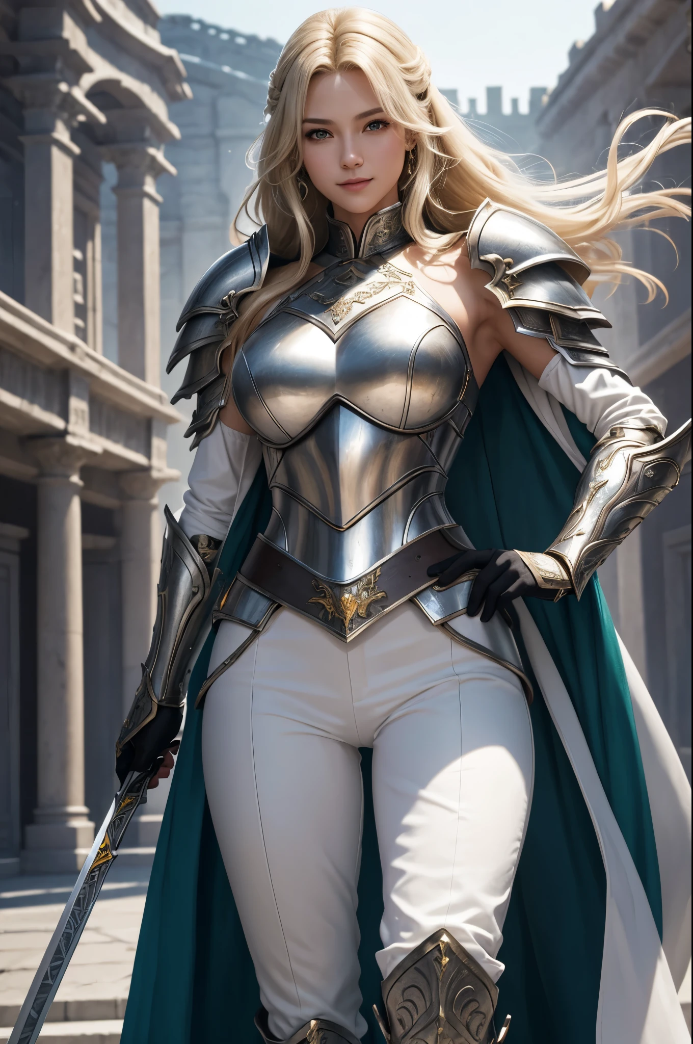 8K,Tall female court holy knight,Super beautiful(like the real thing),Blonde curly hair,smile,green eyes,豪華な赤と白のsexyな胸鎧,luxury white combat pants,muscular slim body,ripped abs,sexy,masterpiece,Photorealistic RAW photos of the highest quality。bright colors,rich colors, Backlight, cinematic lighting, film grain, to be born, 50MM lens, Nikon D850,realistic skin,fantasy art,character art,ultra high resolution,realistic scale skin,Perfect hand shape,view audience,royal palace courtyard,Equipped with a long, silver holy sword on his waist.,luxurious white shoulder armor,luxury white gauntlet,luxurious white waist armor,luxury white leg armor,