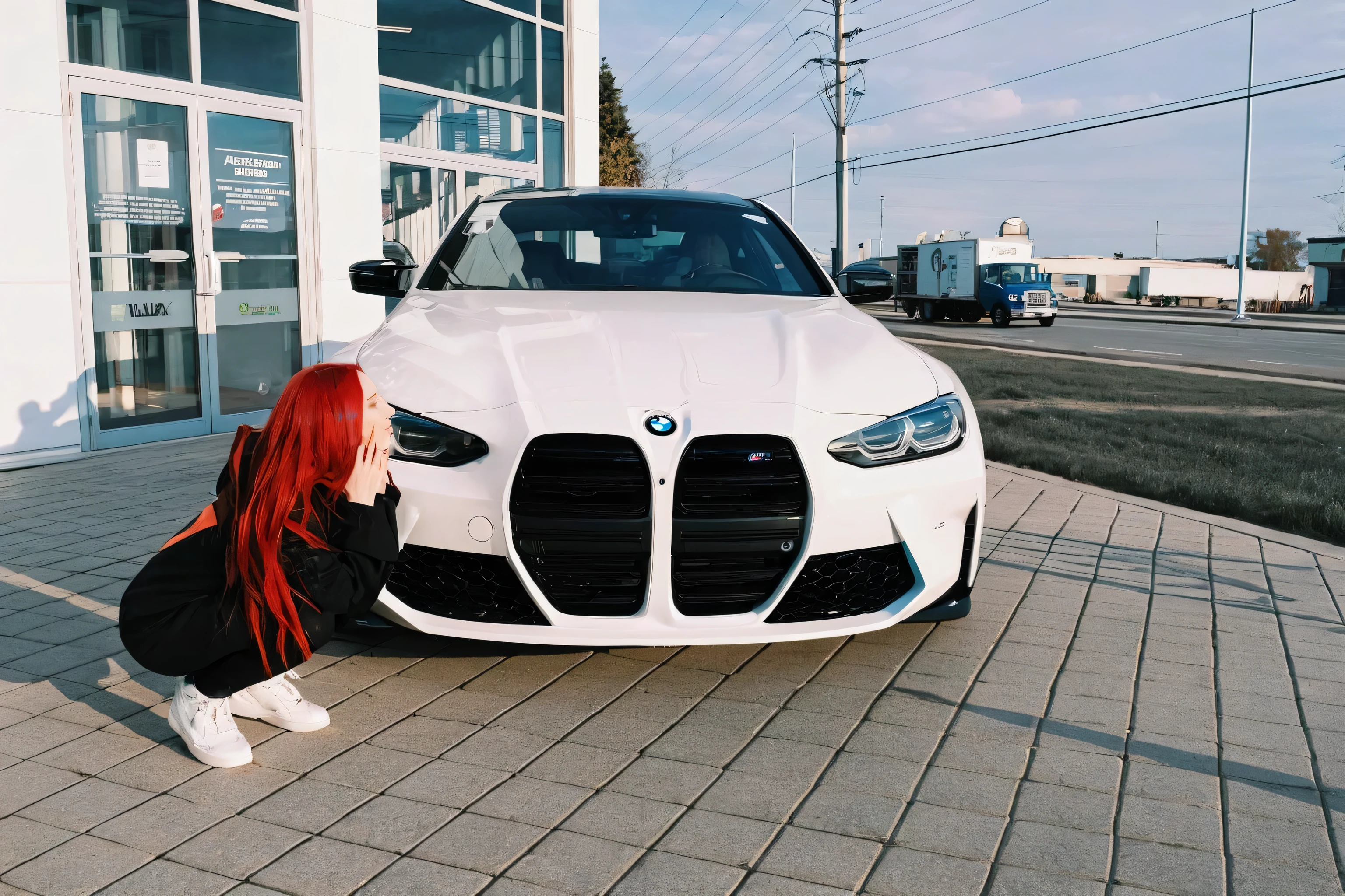 arafed woman kneeling on the ground next to a white car, bmw, by Emma Andijewska, taken on iphone 14 pro, holding a 🛡 and an 🪓, aleksandra waliszewska, taken on iphone 1 3 pro, in front of a garage, jovana rikalo, shot on iphone 1 3 pro max