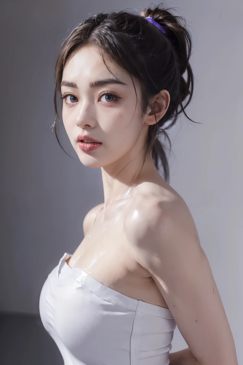 ((((8K))),((Extremely detailed CG)) ,(wallpaper),16K,((extremely delicate and beautiful)),(((masterpiece))),(((best quality))),(((ultra high resolution))),beautiful lights,perfect lightning,Realistic shadows,(High resolution),(Smooth and flawless fair skin:1.5),(pale skin:1.3),The facial details are extremely delicate,(Perfect body:1.1),(Super detailed),(a beautiful girl,alone),(small head:1.2),(short ponytail:1.2),(Small face:1.2,(Exquisite makeup:1.3),((Slim,thin)),(small breasts:1.2),(flat chest:1.2),(Strapless gray light purple_gray yoga good:1.3),(daytime scene:1.5),(indoor:1.3),(in the gym:1.5),((lots of fitness equipment, Treadmill, dumbbell)),(Detailed background:1.5),(permanent:1.3),(face close-up:1.3),(from the front:1.2),(shiny skin:1.5),(Sweat:1.3),(close eyes:1.5),(open mouth:1.5),(blush:1.3),(woman:1.3),(ahegao:1.3),(Put your hands behind your back:1.2)