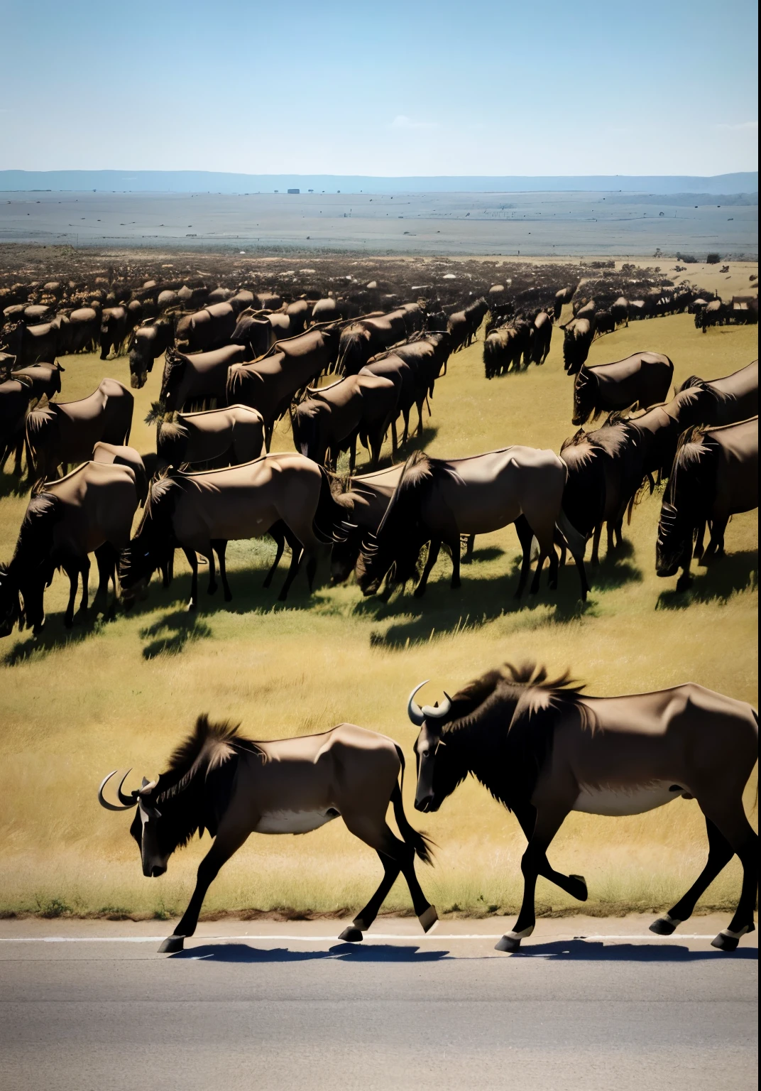 Passionate photos,A herd of wildebeest,On the vast savannah of Africa,There is left to right,Running fast in groups,on both sides of the road,It's lions and hyenas in twos and threes.,Carefully observing the galloping herd of wildebeest, high dynamic range, Super detailed illustrations, extremely detailed face, original photo, film grain, skin pores, Trending on deviantart