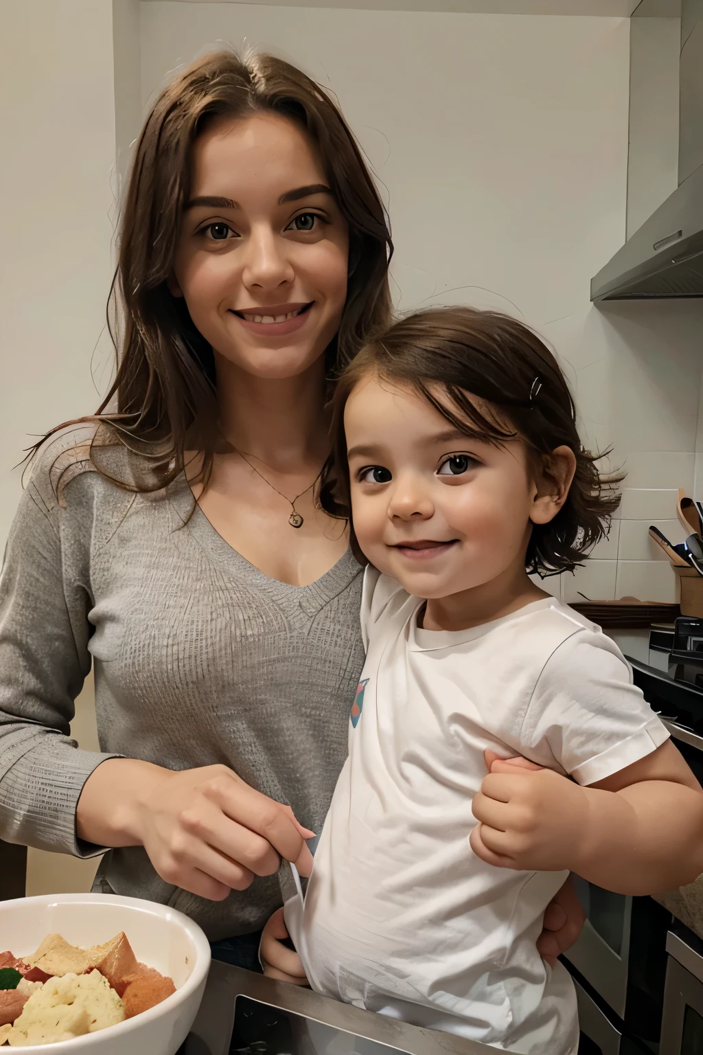 Mets la dan une cuisne et de face avec son bébé de 6mois das les bras, souriante