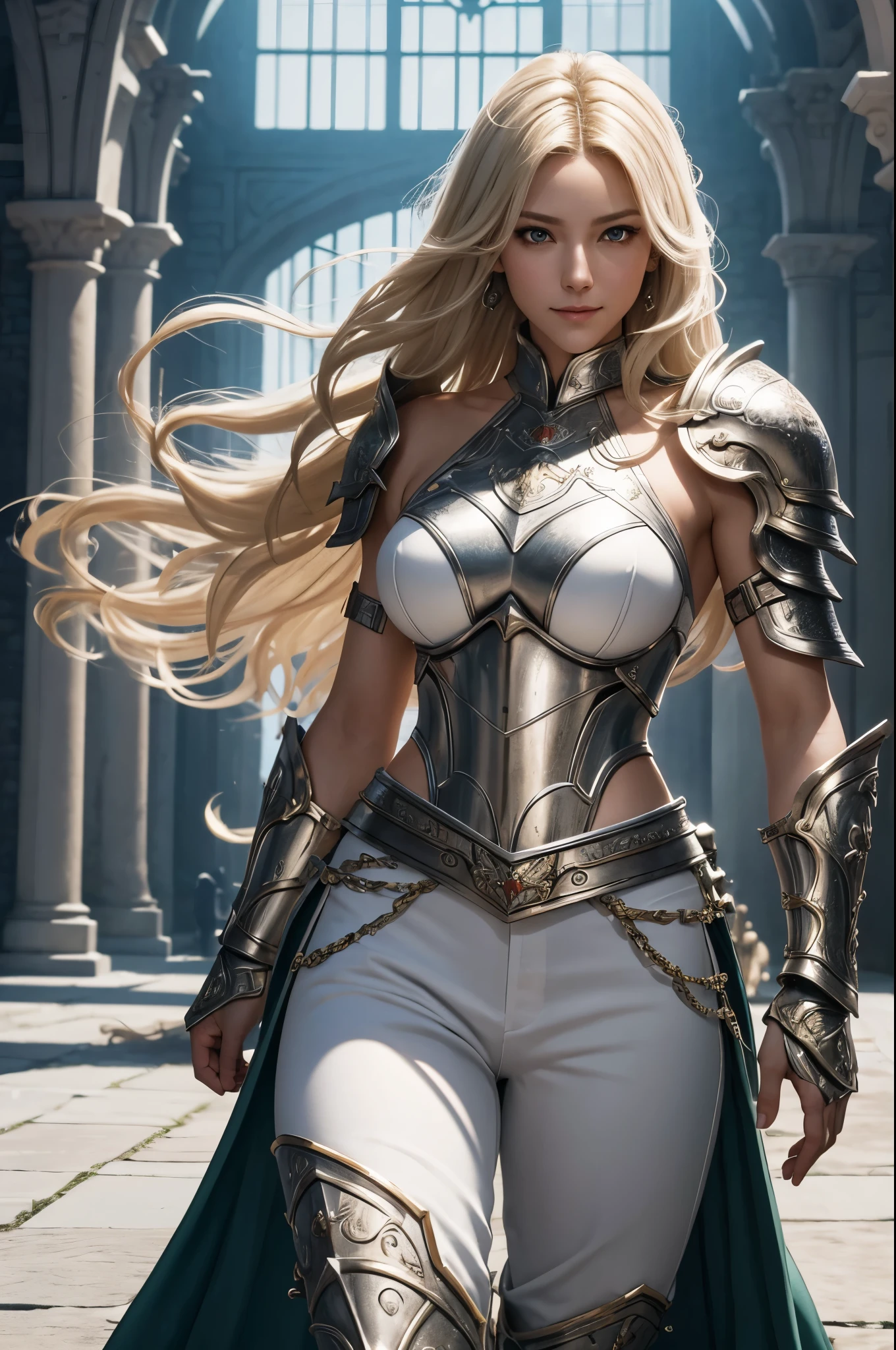 8K,Tall female court holy knight,Super beautiful(like the real thing),Blonde curly hair,smile,green eyes,豪華な赤と白のsexyな胸鎧,luxury white combat pants,muscular slim body,ripped abs,sexy,masterpiece,Photorealistic RAW photos of the highest quality。bright colors,rich colors, Backlight, cinematic lighting, film grain, to be born, 50MM lens, Nikon D850,realistic skin,fantasy art,character art,ultra high resolution,realistic scale skin,Perfect hand shape,view audience,royal palace courtyard,Equipped with a long, silver holy sword on his waist.,luxurious white shoulder armor,luxury white gauntlet,luxurious white waist armor,luxury white leg armor,
