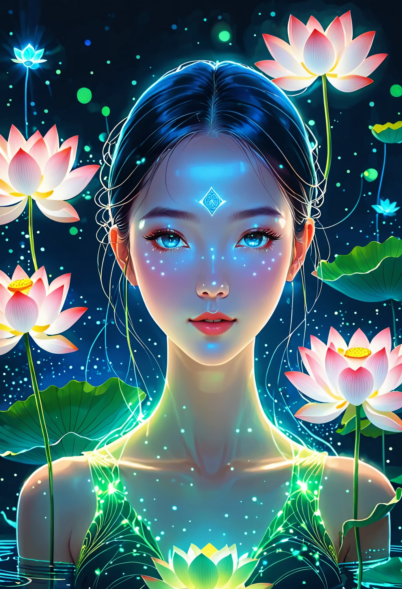 (masterpiece, best quality:1.2), In digital art style, charming illustration,peaceful picture，1 girl, beautiful eyes，tall lotus，alone，body glow，Glowing lines，fluorescence,glow example，Example tracking，flash，萤light particles，Backlight，Translucent，light particles，Correct human anatomy，