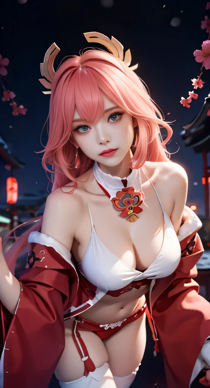 (masterpiece, Excellent, 1 girl, alone, intricate details, Color difference), realism, ((medium breathing)), take off shoulders, big breasts, Sexy, Yae Shrine Maiden, long pink hair, red headdress, red highlight, hair above one eye, green eyes, earrings, keen vision, Perfectly symmetrical figure, collar, neon shirt, open jacket, turtleneck sweater, Graffiti, dim lights, alley, ((meaning is, Tempting, charming)), ((winter background))), ((japanese background)))), (((glowing background))), (dynamic poses), (bend over, Bend down and look at the audience:1.1), chiffon, naked露的肩膀, blooming flower field, radiant skin, faint smile, Sexy, broken into pieces, not any, naked, Lift your butt, belly looks