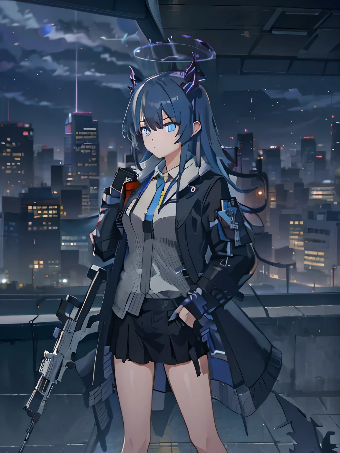 1 girl,  very clear, nervous, , watch, transport station, dark rainy day, Serious eyes, Black halo with sky blue stripes, Serious, keen vision, dissatisfied, Holding August assault rifle, City skyline, light gray aug assault rifle，With blizzard texture, tall girl, transport, train station, Serious, dark rainy day, diasobrio, rain, collision,  standing posture, Purpose，sky blue eyes，One hand in coat pocket