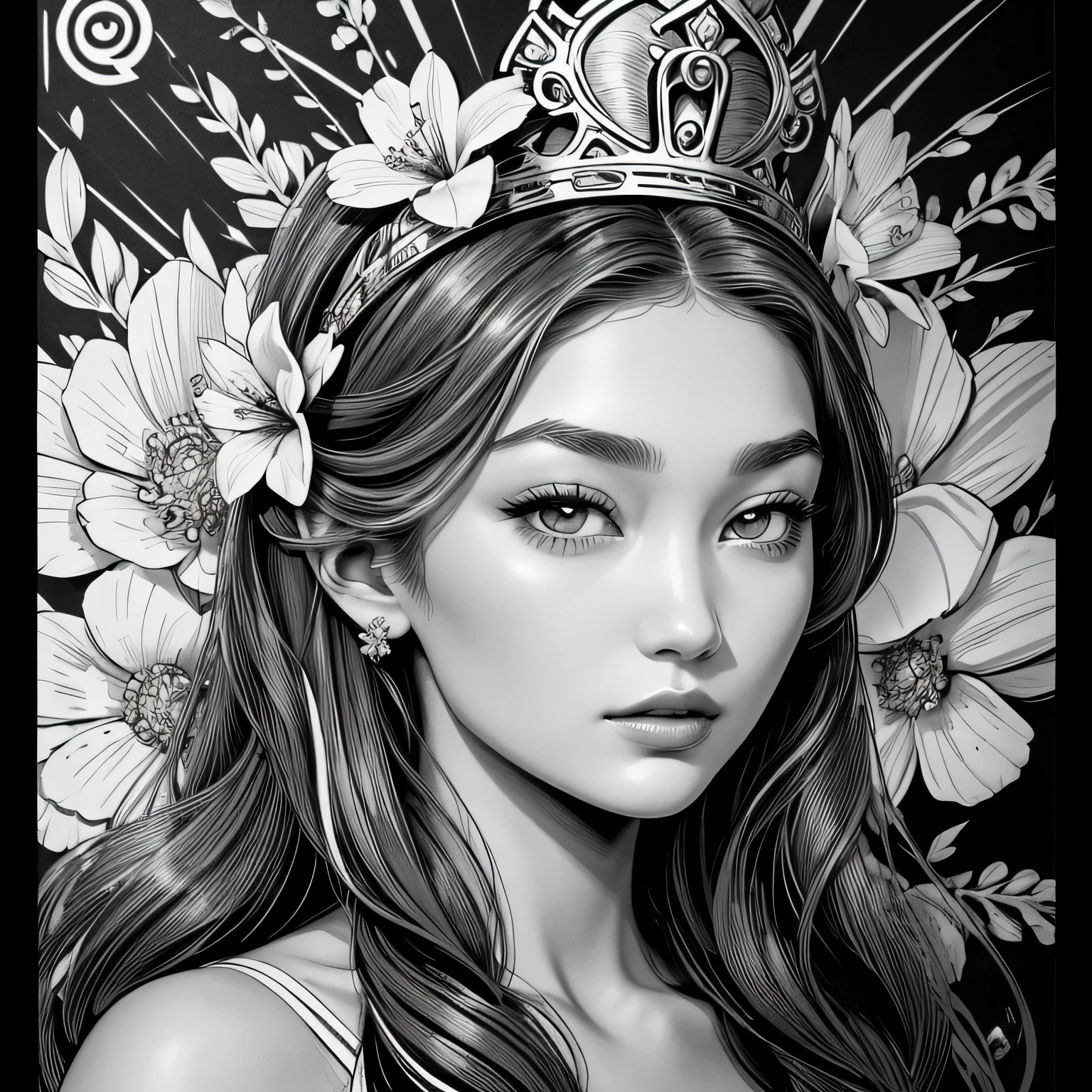 Black and white stick figure 1 girl with flowers,  lots of flowers in background,  in queen dress, its fine ink line art, comic style, portrait of ploynesian girl,Gigi Hadid Hollywood glam, wearing crown, beautiful line art, black and white comic style, realistic, pencil and ink caricature drawing, black and white coloring