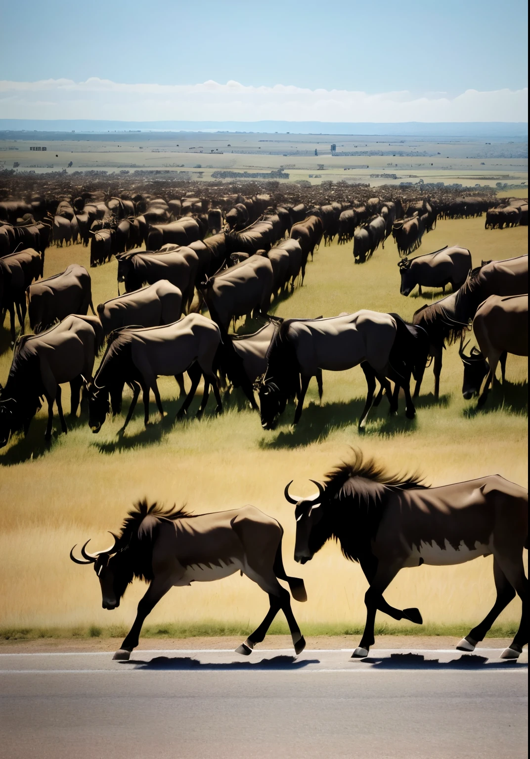Passionate photos,A herd of wildebeest,On the vast savannah of Africa,There is left to right,Running fast in groups,on both sides of the road,It's lions and hyenas in twos and threes.,Carefully observing the galloping herd of wildebeest, high dynamic range, Super detailed illustrations, extremely detailed face, original photo, film grain, skin pores, Trending on deviantart