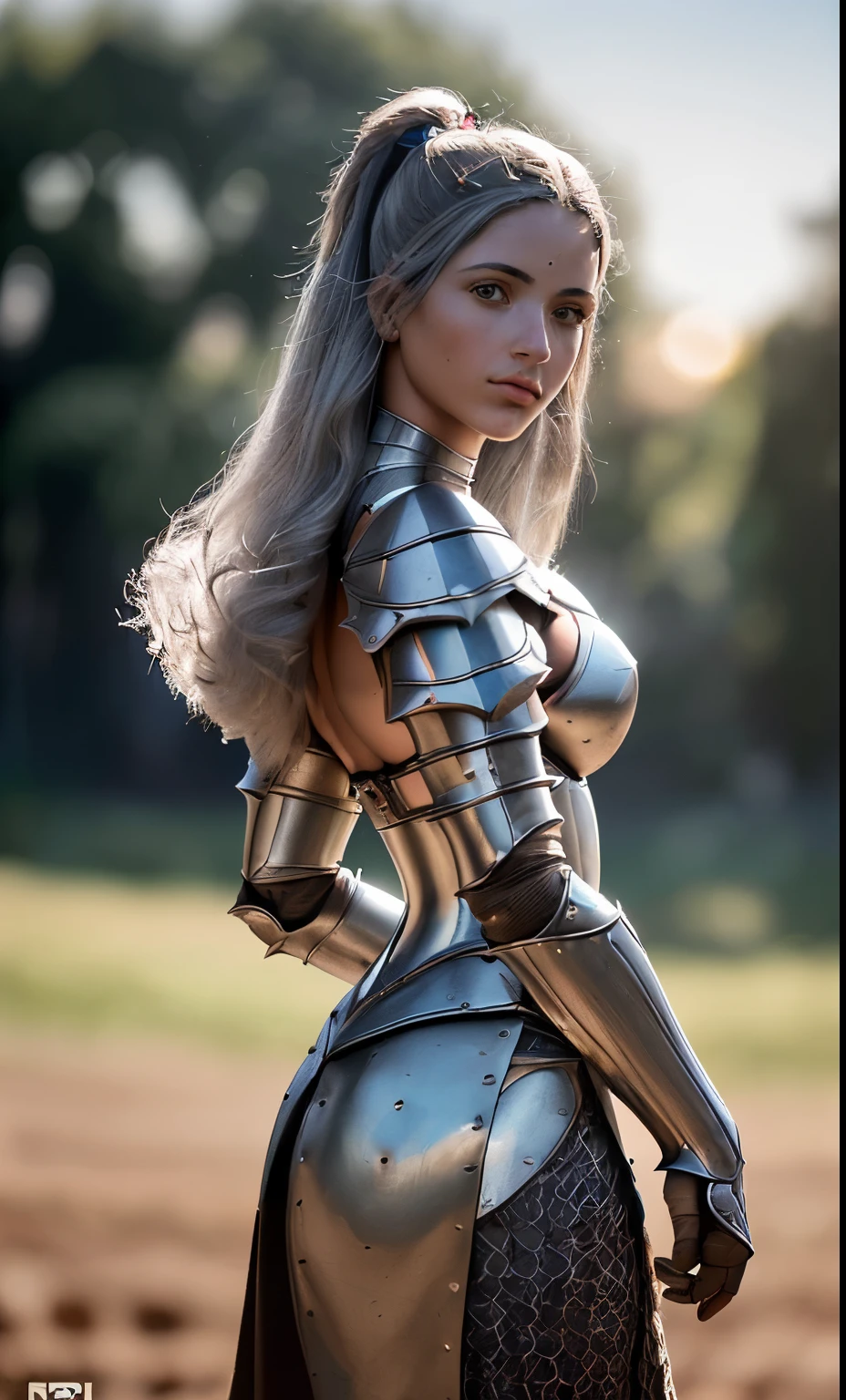 (obra maestra), (extremadamente intrincado:1.3), (realista), portrait of a girl, la mas bella del mundo, (armadura medieval), reflejos de metal, parte superior del cuerpo, al aire libre, luz solar intensa, castillo lejano, Detailed professional photography of a stunning woman., sharp focus, dramatic, Premiado, cinematic lighting, octanaje render motor irreal, volumetric dtx, (film grain, fondo borroso, primer plano borroso, bokeh, profundidad de campo, atardecer, Desenfoque de movimiento:1.3), cota de malla desnuda