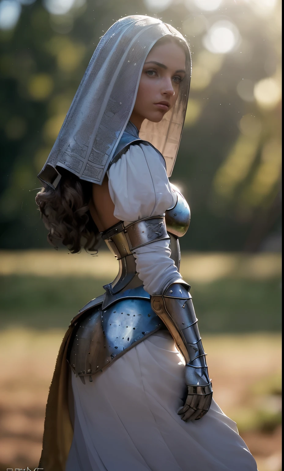 (obra maestra), (extremadamente intrincado:1.3), (realista), portrait of a girl, la mas bella del mundo, (armadura medieval), reflejos de metal, parte superior del cuerpo, al aire libre, luz solar intensa, castillo lejano, Detailed professional photography of a stunning woman., sharp focus, dramatic, Premiado, cinematic lighting, octanaje render motor irreal, volumetric dtx, (film grain, fondo borroso, primer plano borroso, bokeh, profundidad de campo, atardecer, Desenfoque de movimiento:1.3), cota de malla desnuda