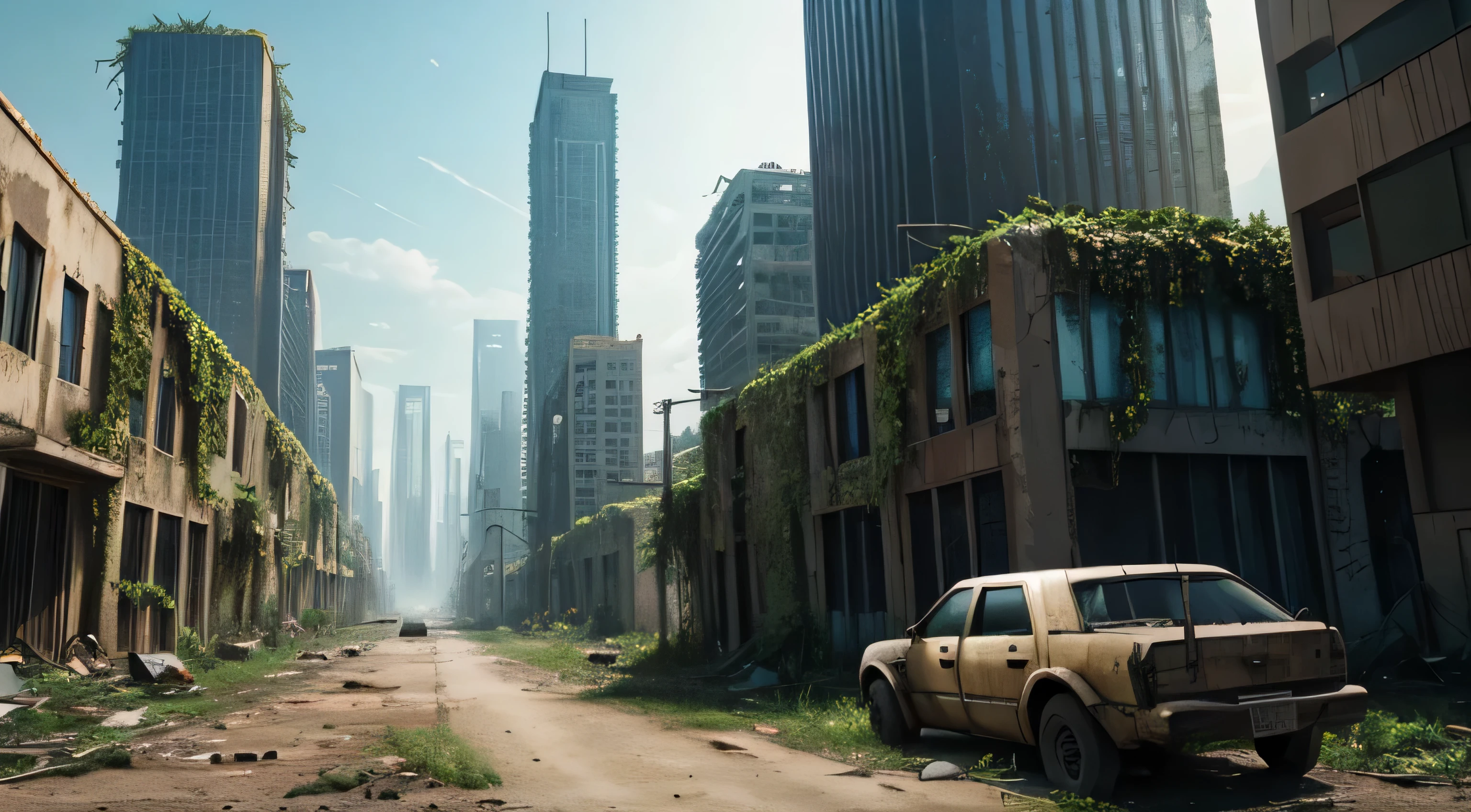 A post-apocalyptic landscape with nature reclaiming a deserted city, vines wrapping around skyscrapers, and wildlife roaming freely.
