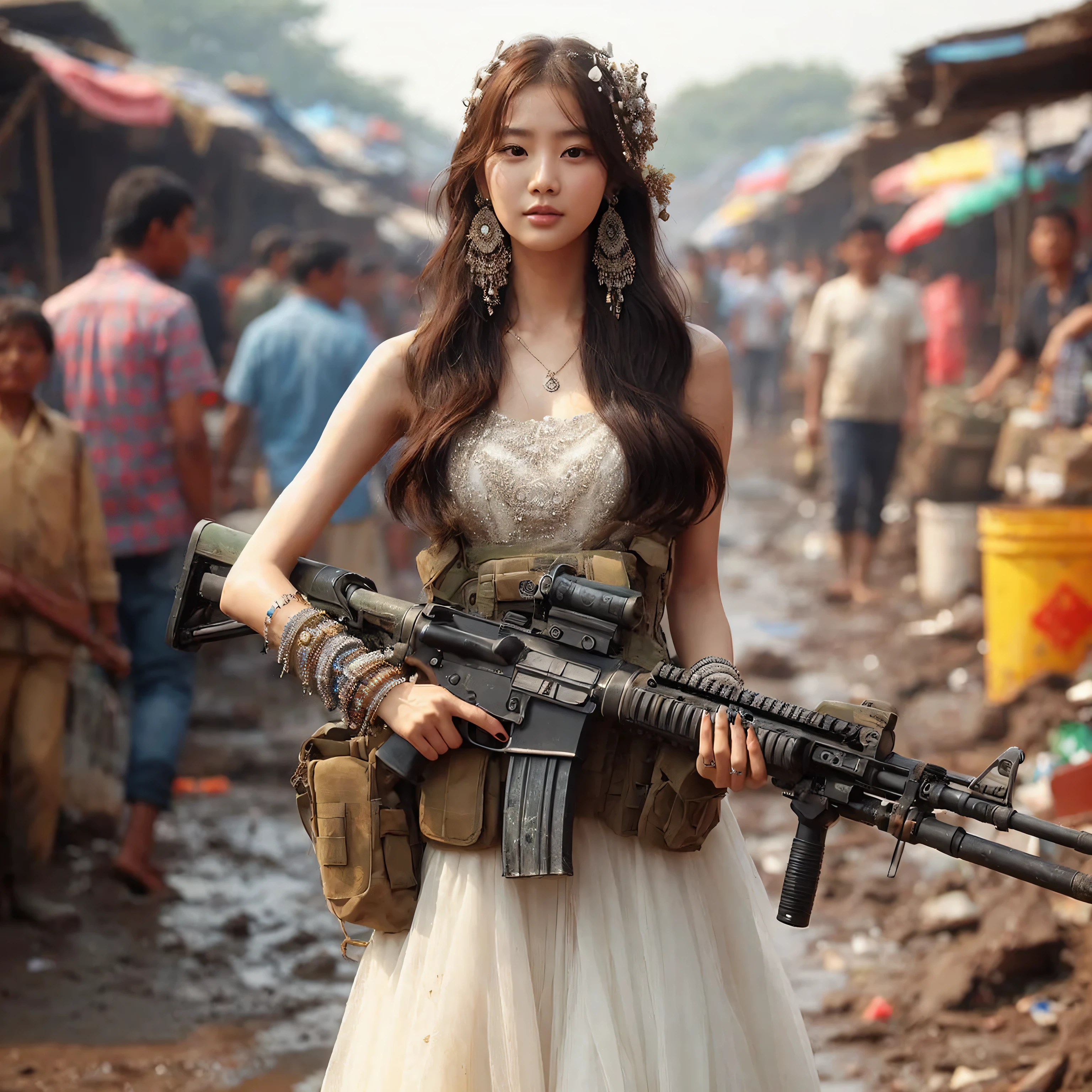 beautiful Korean female spirit wearing a long white dress, sturdy body, hair tied back shining, trinkets ornaments on her hair, women was walking, wearing a military vest,the woman was holding an ak47, the location of a muddy Indian market full of rubbish, The photo quality is very realistic, The lens is sharp and detailed,extreme photo telephoto lens shot, ultra wide angle lens 