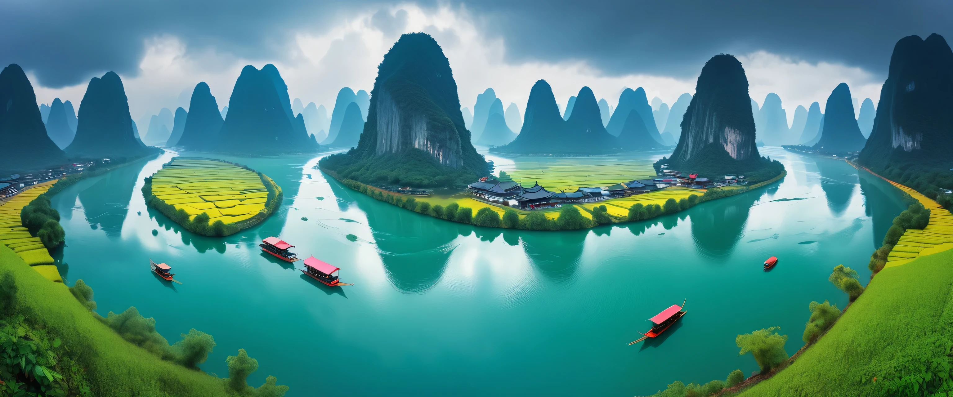 best quality，Guilin landscape，Lijiang River mist and rain，karst，Surrealism, shadow, relief, Stereo view, vertical painting, View, atmospheric perspective, super wide angle, 8K, Super details, precise, best quality